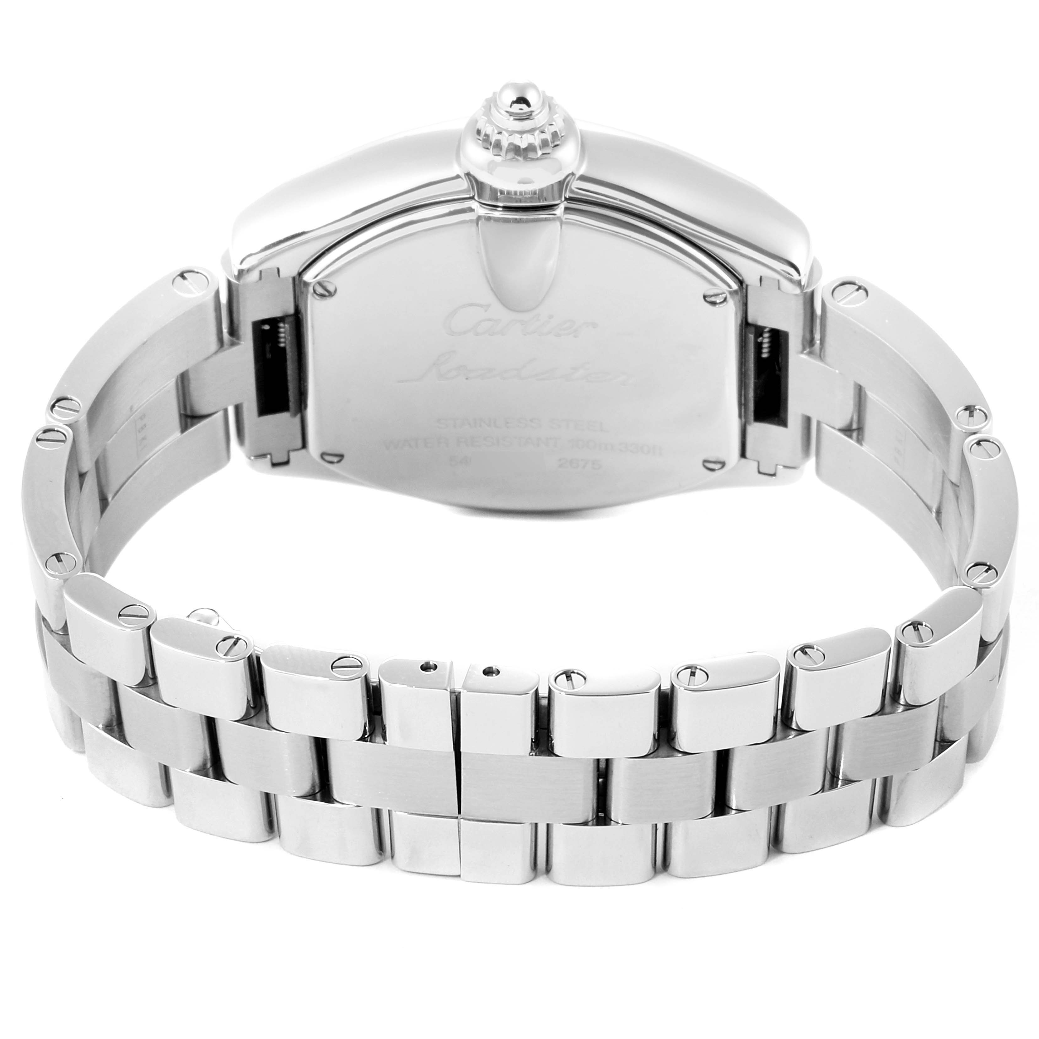 The image shows the back and bracelet of a Cartier Roadster W62016V3 Women's Stainless Steel Silver Dial W62016V3 Women's Stainless Steel Silver Dial watch from a rear angle.