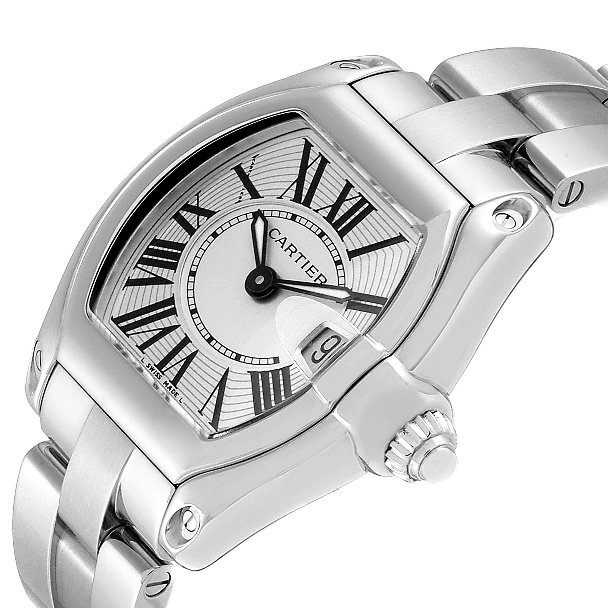 The image shows a close-up of the Cartier Roadster W62016V3 Women's Stainless Steel Silver Dial W62016V3 Women's Stainless Steel Silver Dial watch face, crown, and part of the bracelet at an angled view.