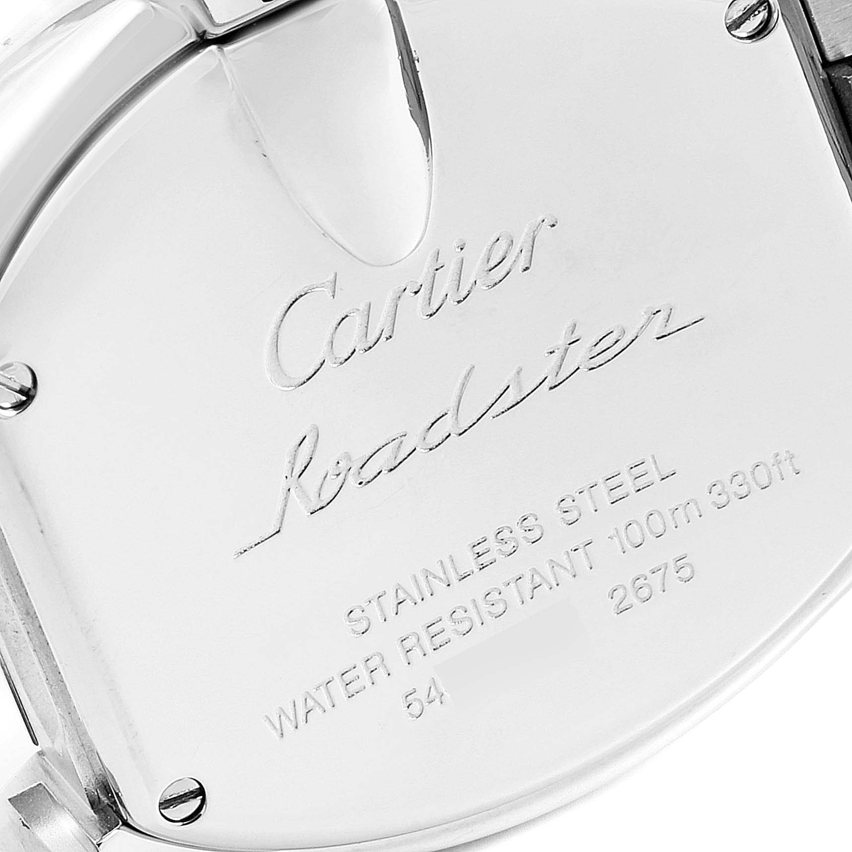 This image shows the back case of a Cartier Roadster W62016V3 Women's Stainless Steel Silver Dial W62016V3 Women's Stainless Steel Silver Dial watch, highlighting brand inscriptions and specifications.