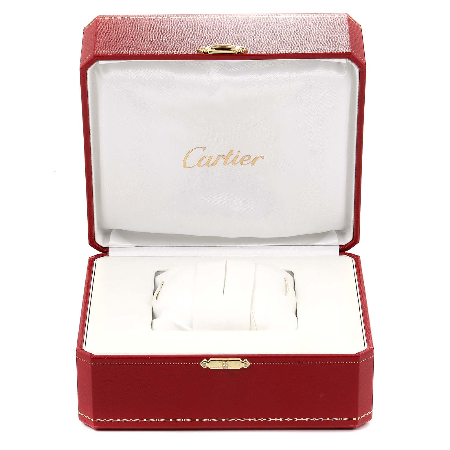 The image shows an open red Cartier box, presumably for the Roadster model watch, but the watch is not shown.
