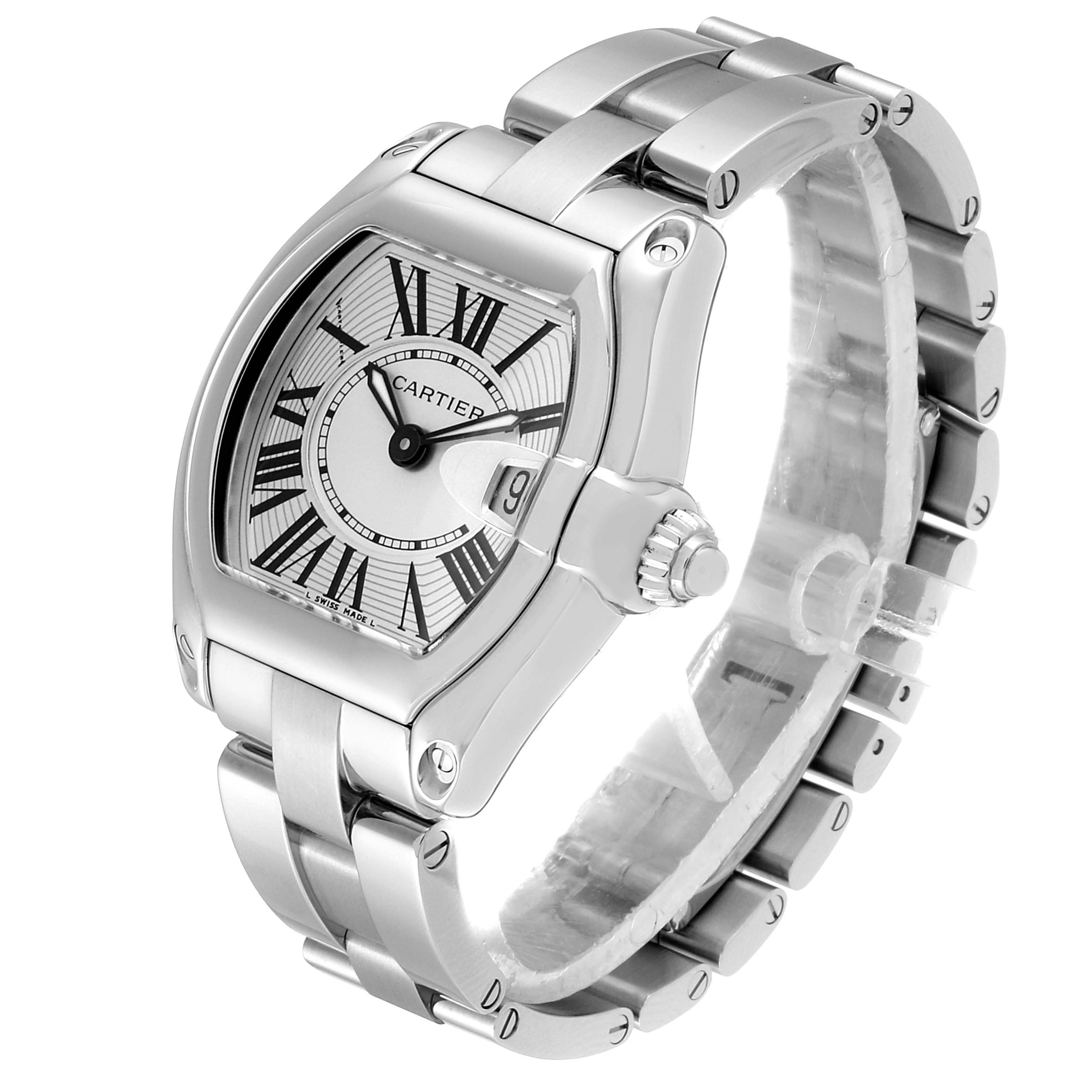 The image shows a Cartier Roadster W62016V3 Women's Stainless Steel Silver Dial W62016V3 Women's Stainless Steel Silver Dial watch at a three-quarter angle, displaying the entire stainless steel band and watch face.