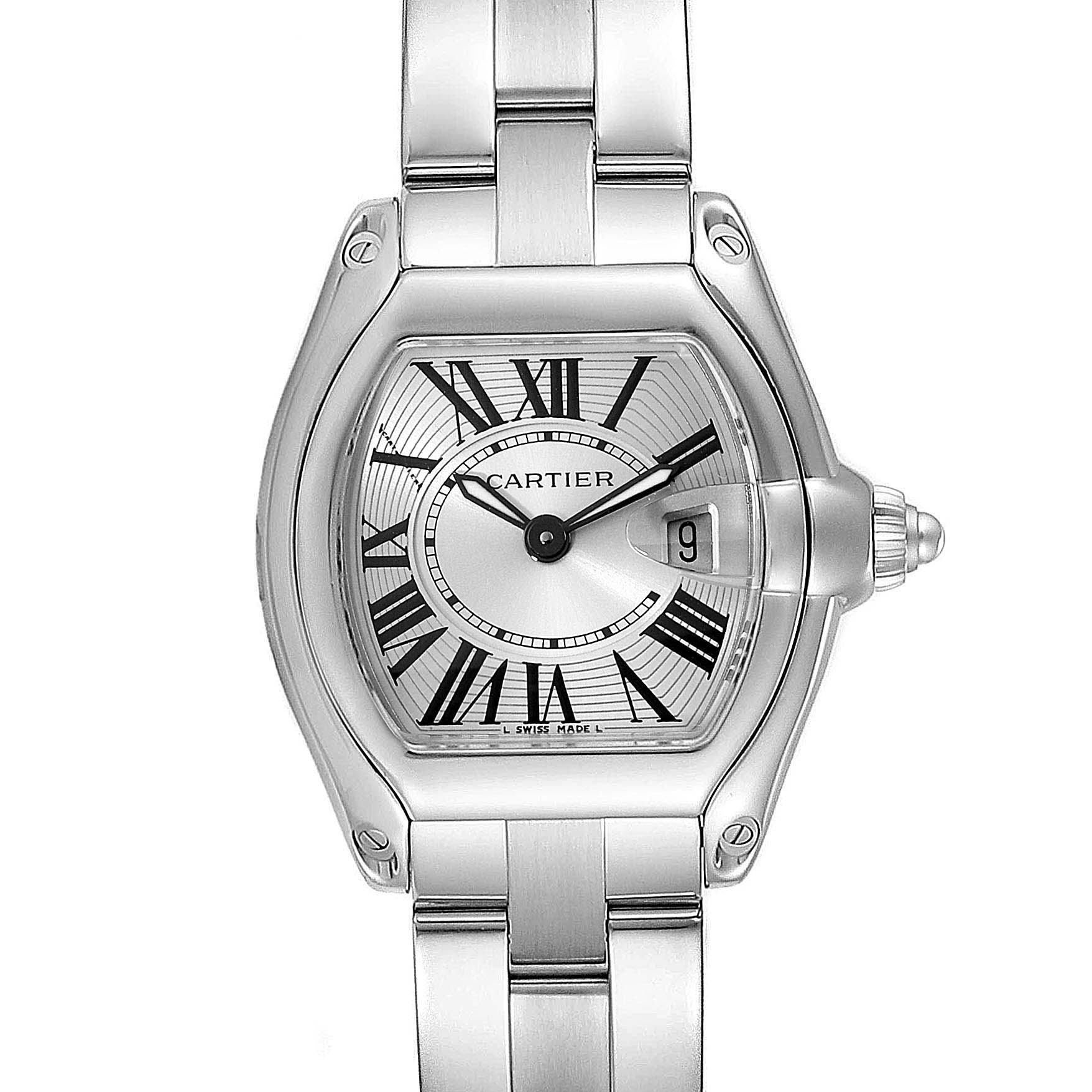 The image shows a front view of a Cartier Roadster W62016V3 Women's Stainless Steel Silver Dial W62016V3 Women's Stainless Steel Silver Dial watch, featuring its dial, bezel, crown, and metal bracelet.