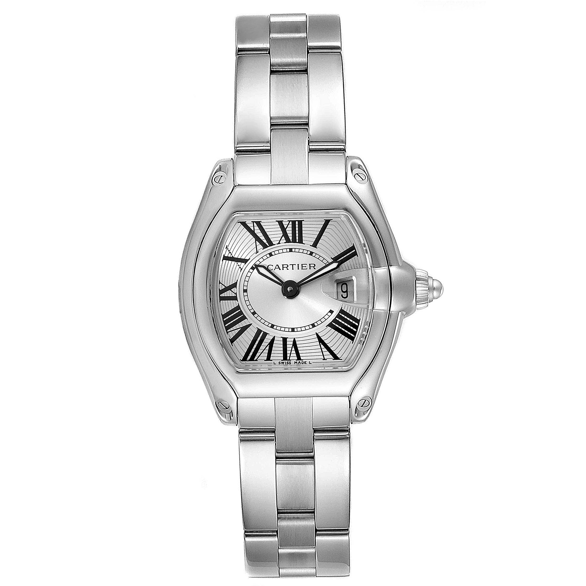 The image shows a front view of the Cartier Roadster W62016V3 Women's Stainless Steel Silver Dial W62016V3 Women's Stainless Steel Silver Dial watch, highlighting its face, bezel, and metal bracelet.