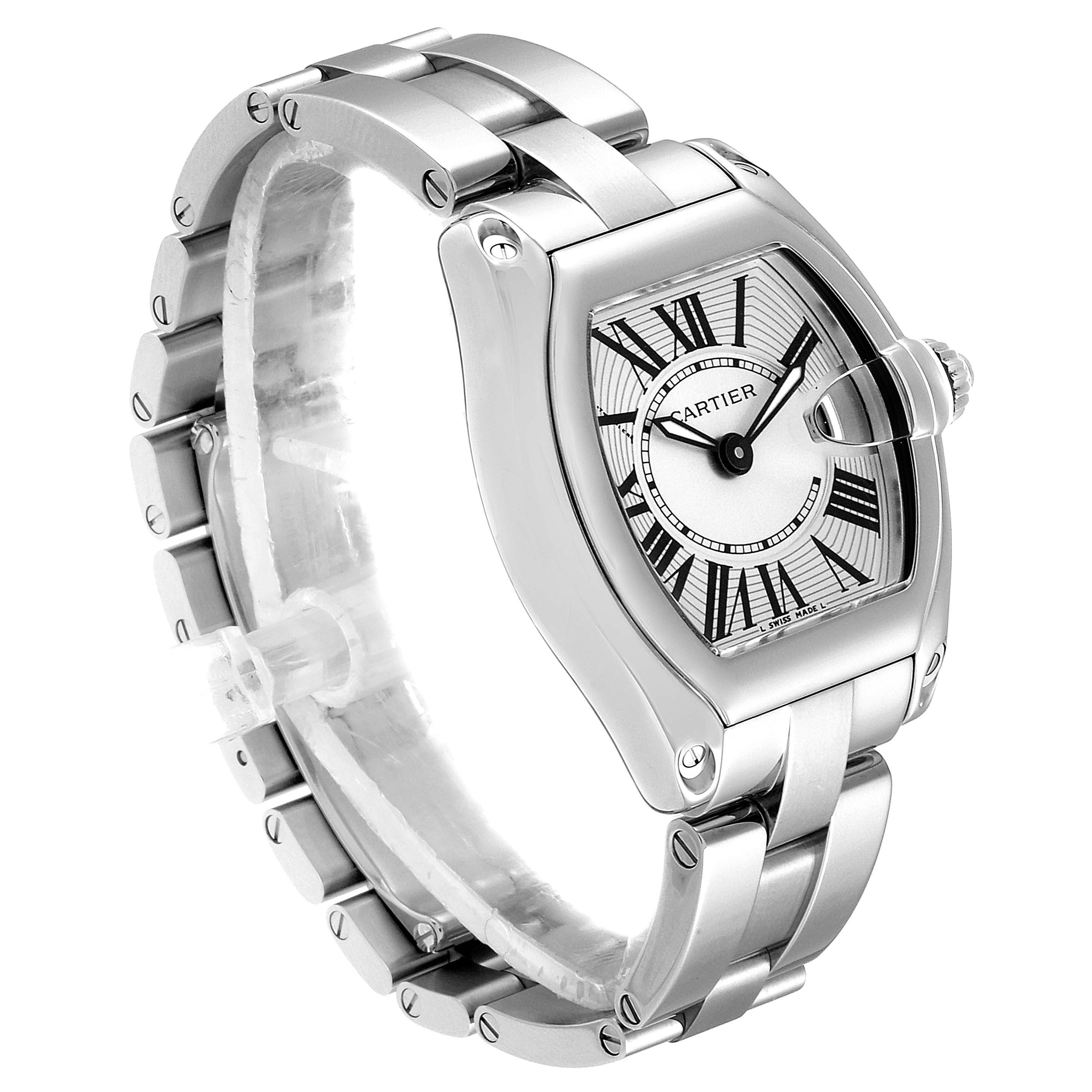 The Cartier Roadster W62016V3 Women's Stainless Steel Silver Dial W62016V3 Women's Stainless Steel Silver Dial watch is shown at a three-quarter angle, highlighting the face and bracelet.