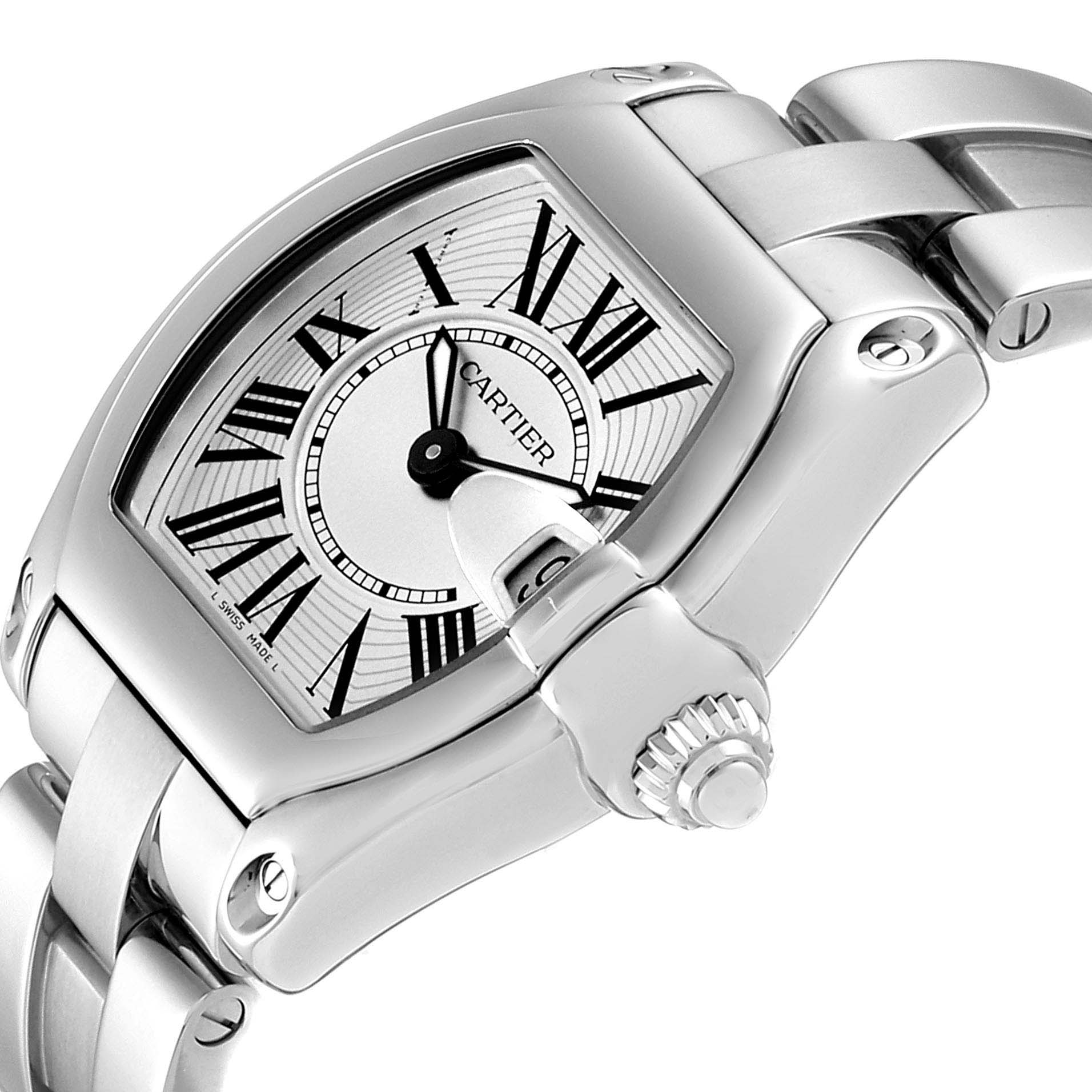This image shows a close-up of the Cartier Roadster W62016V3 Women's Stainless Steel Silver Dial W62016V3 Women's Stainless Steel Silver Dial watch from a three-quarter angle, highlighting the face, bezel, and part of the bracelet.