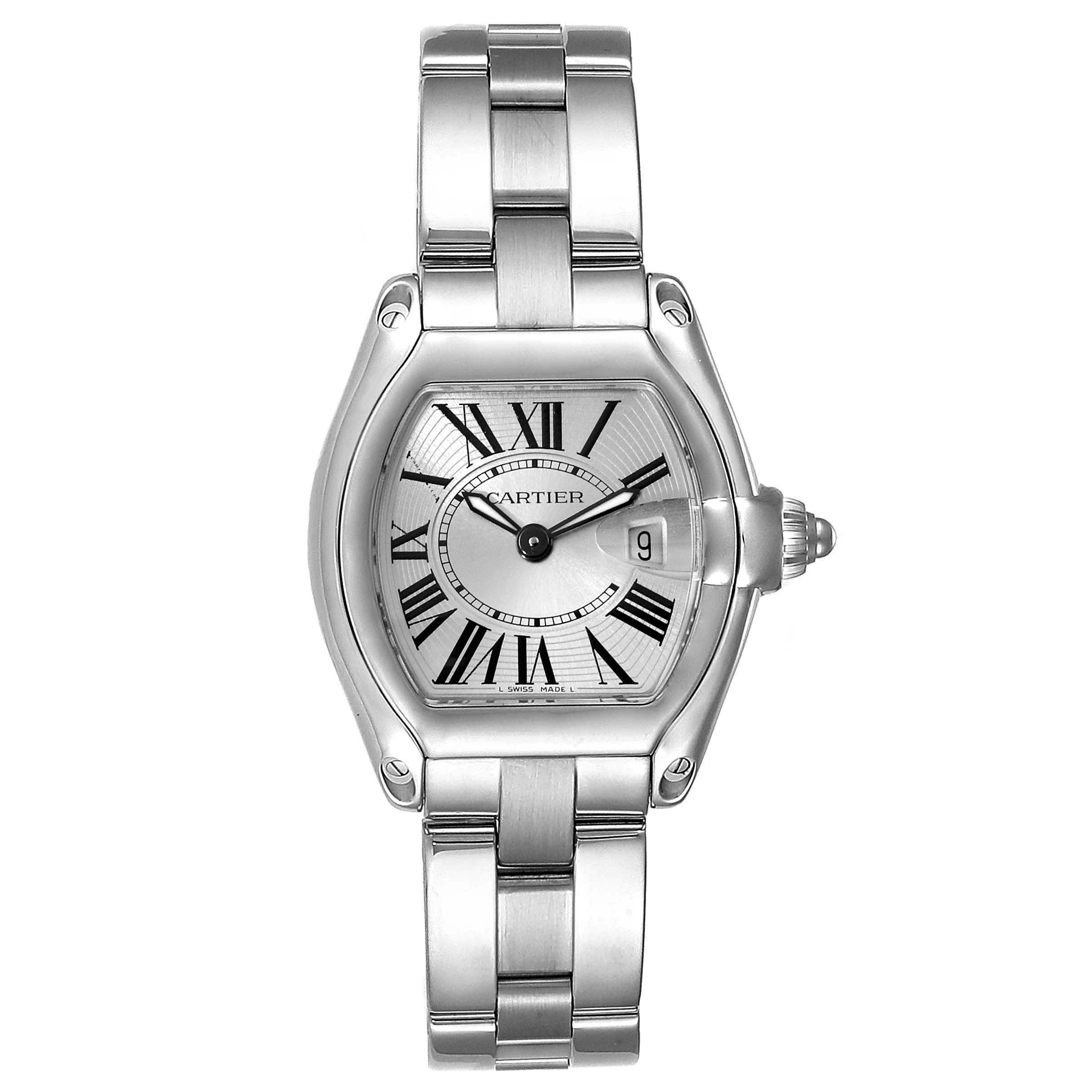 The image shows a front view of the Cartier Roadster W62016V3 Women's Stainless Steel Silver Dial W62016V3 Women's Stainless Steel Silver Dial watch, highlighting the dial, bracelet, and crown.