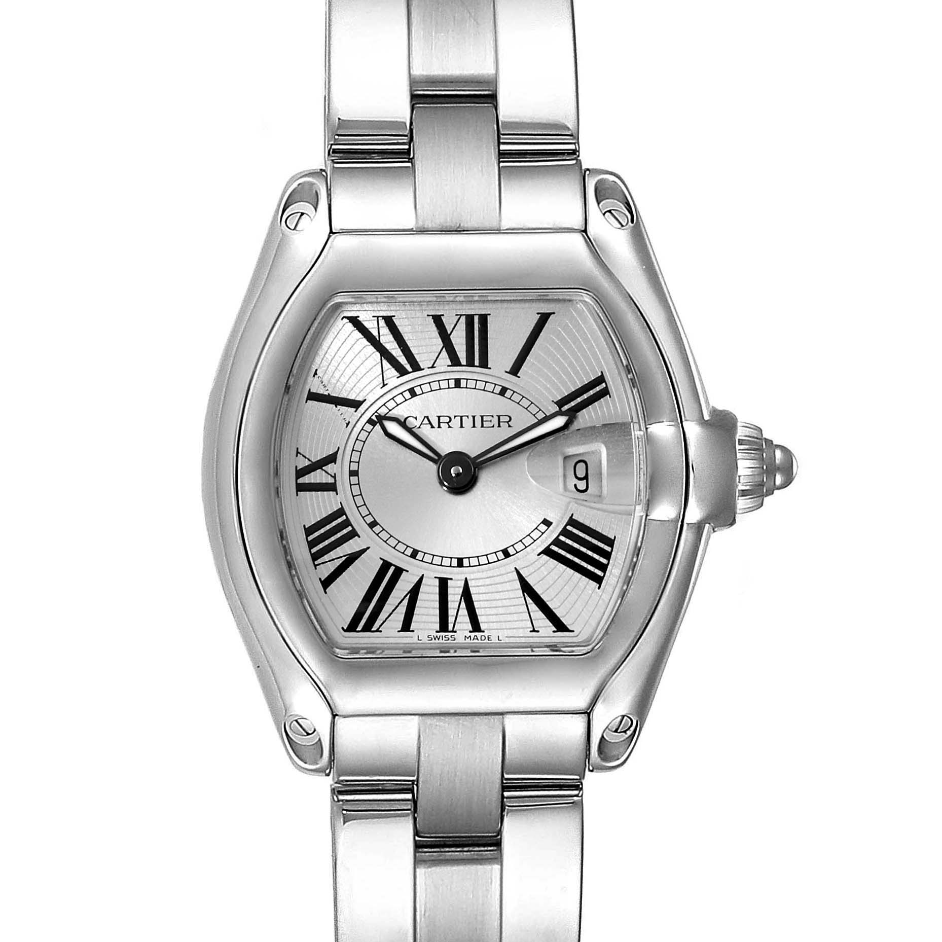 The image shows a front view of the Cartier Roadster W62016V3 Women's Stainless Steel Silver Dial W62016V3 Women's Stainless Steel Silver Dial watch, highlighting its face, Roman numerals, and metal bracelet.