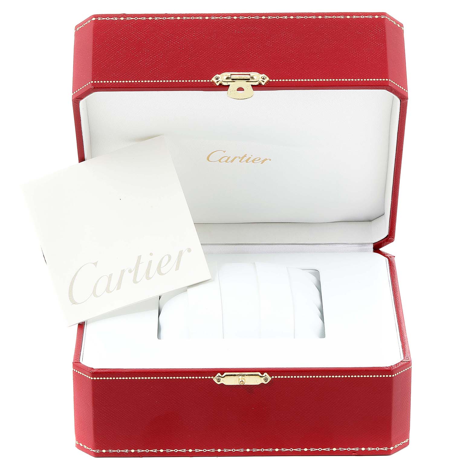 The image shows the open red case and documents for a Cartier Roadster W62016V3 Women's Stainless Steel Silver Dial W62016V3 Women's Stainless Steel Silver Dial watch.