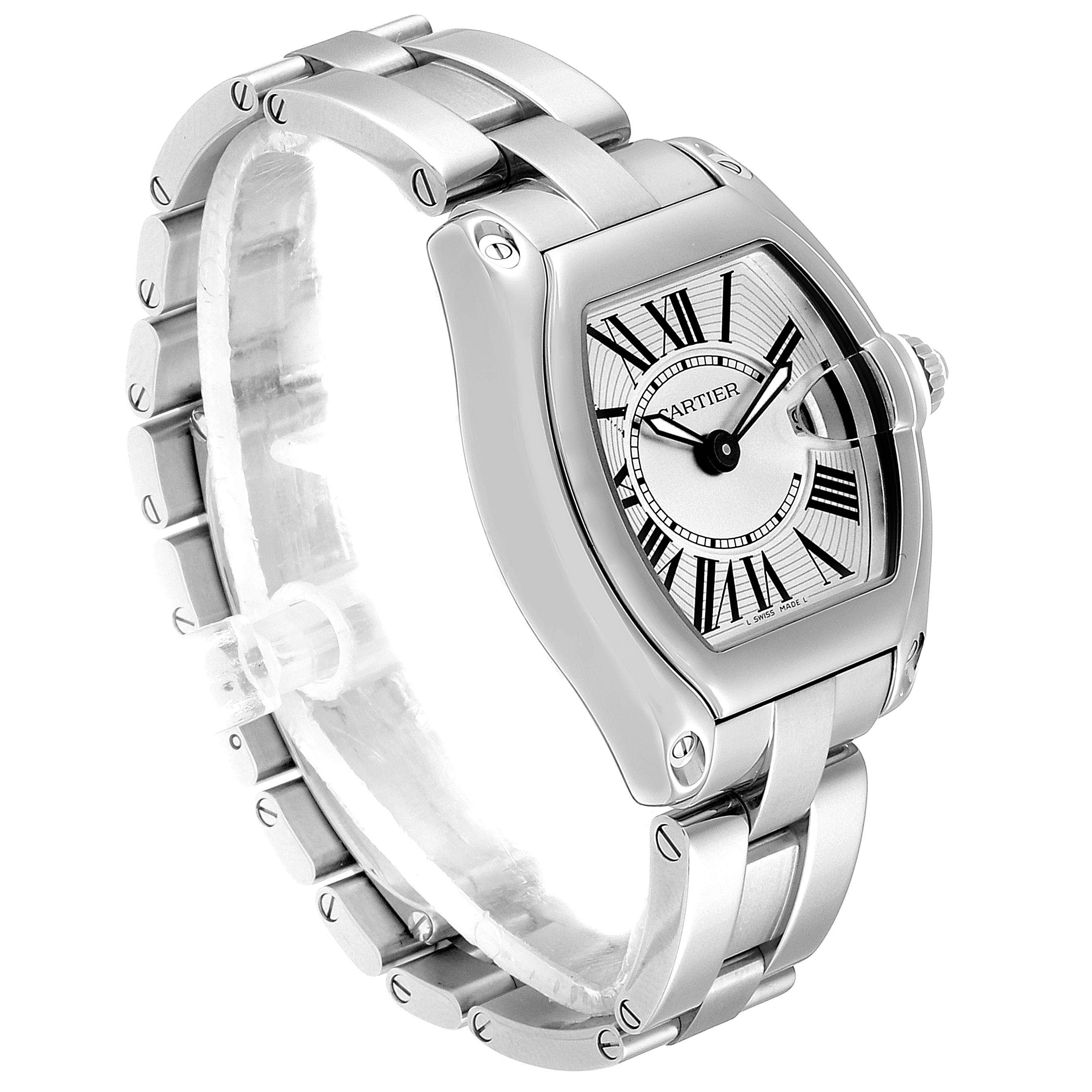 The image shows a Cartier Roadster W62016V3 Women's Stainless Steel Silver Dial W62016V3 Women's Stainless Steel Silver Dial watch from an angled view highlighting its face, bezel, and metal bracelet.