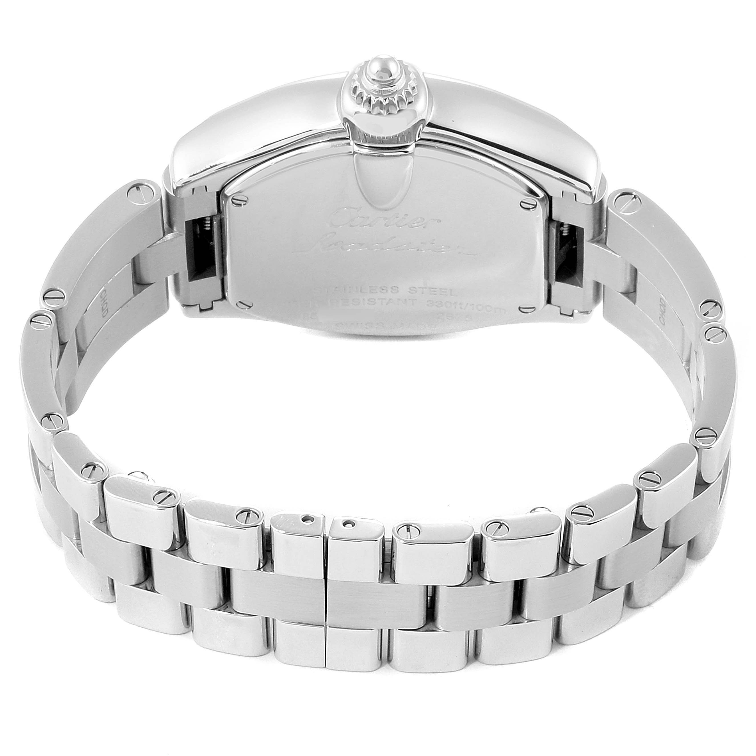 The image shows the back view of a Cartier Roadster W62016V3 Women's Stainless Steel Silver Dial W62016V3 Women's Stainless Steel Silver Dial watch, highlighting its stainless steel bracelet and case.