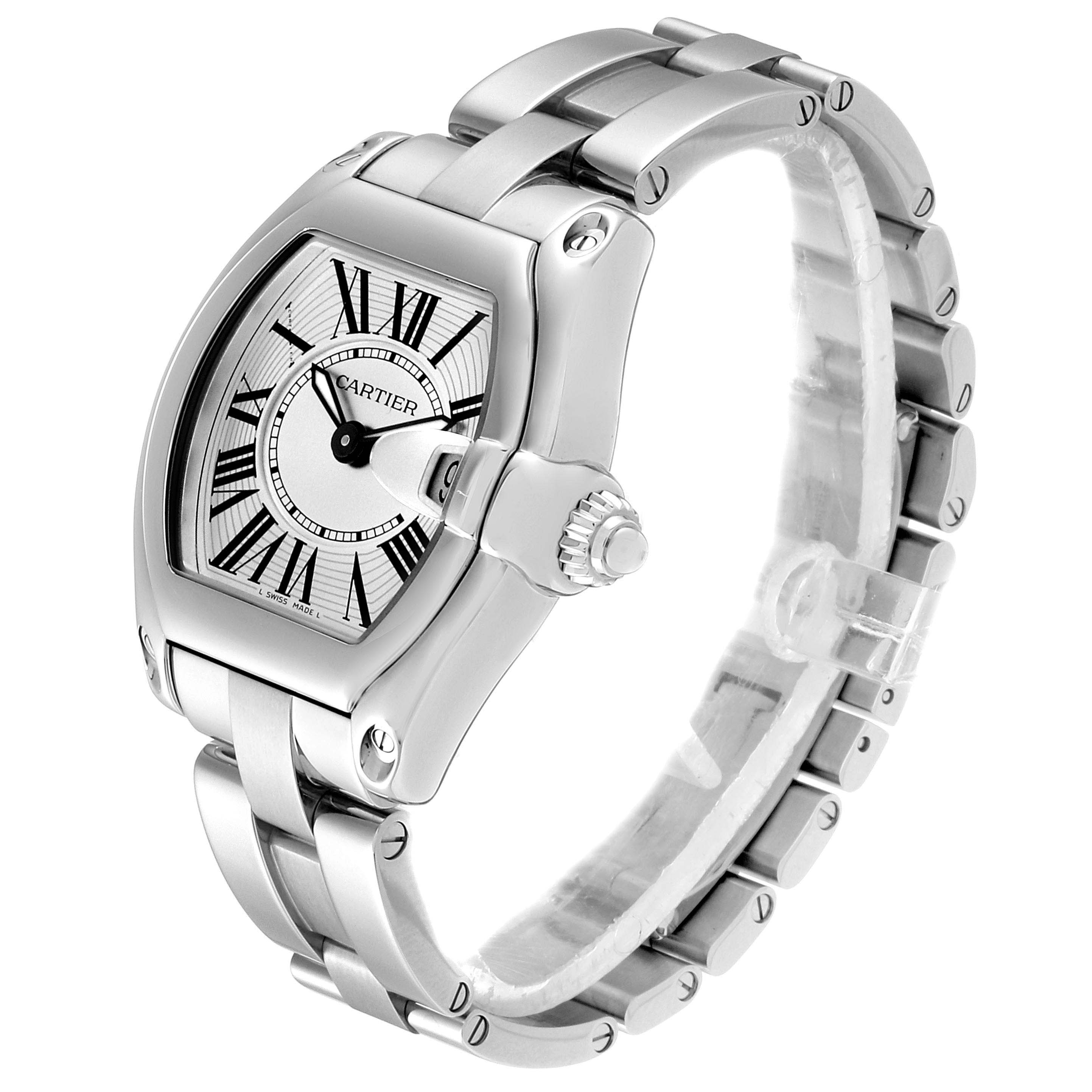 The image shows a Cartier Roadster W62016V3 Women's Stainless Steel Silver Dial W62016V3 Women's Stainless Steel Silver Dial watch angled to display its face, crown, and part of the stainless steel bracelet.