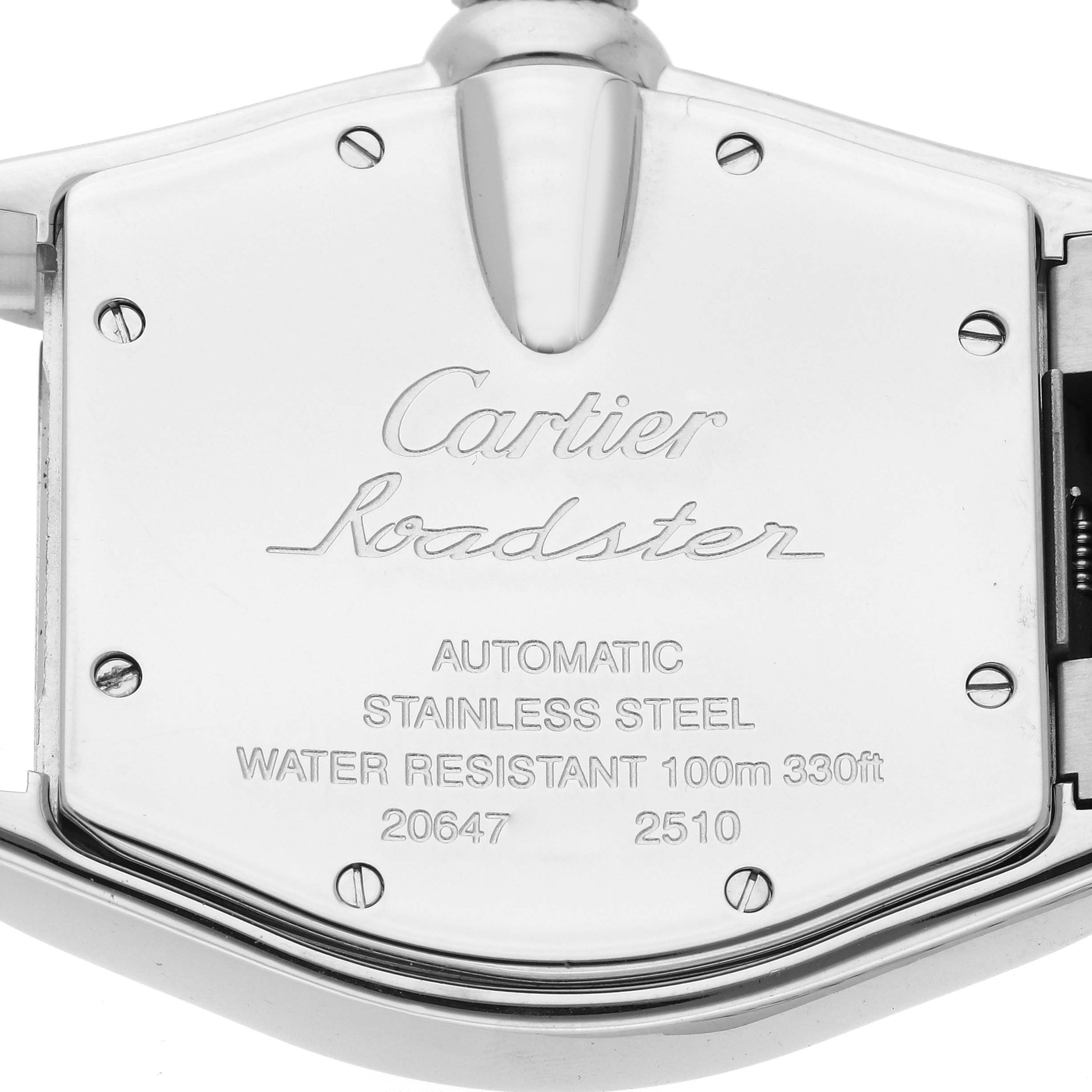 The image shows the back case of a Cartier Roadster W62002V3 Men's Stainless Steel Black Dial W62002V3 Men's Stainless Steel Black Dial watch, displaying the brand and model details.