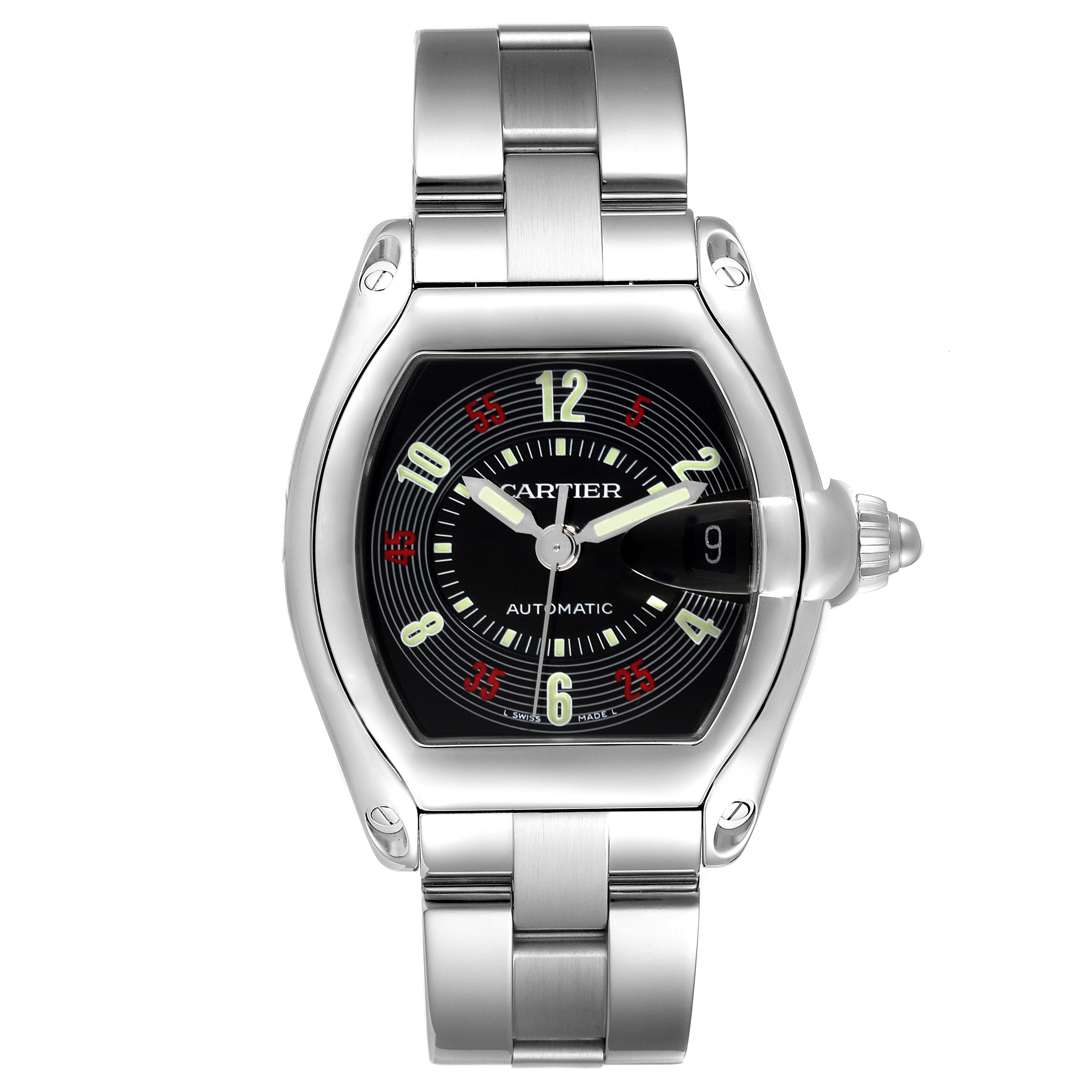 The Cartier Roadster W62002V3 Men's Stainless Steel Black Dial W62002V3 Men's Stainless Steel Black Dial watch is shown from a top-down angle, highlighting the face, bezel, and bracelet.