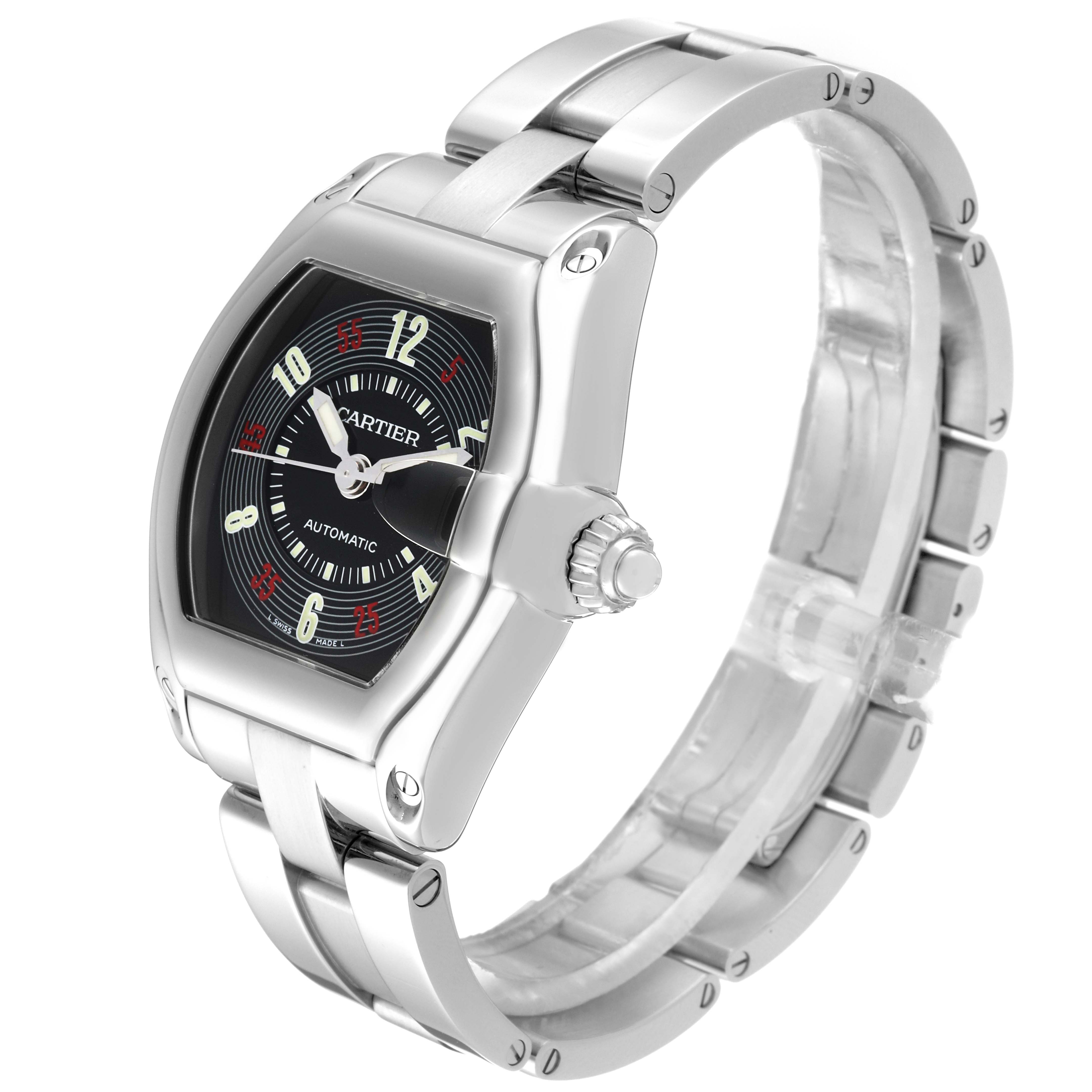 The Cartier Roadster W62002V3 Men's Stainless Steel Black Dial W62002V3 Men's Stainless Steel Black Dial watch is shown at a three-quarter angle, displaying the face, bezel, crown, and bracelet.