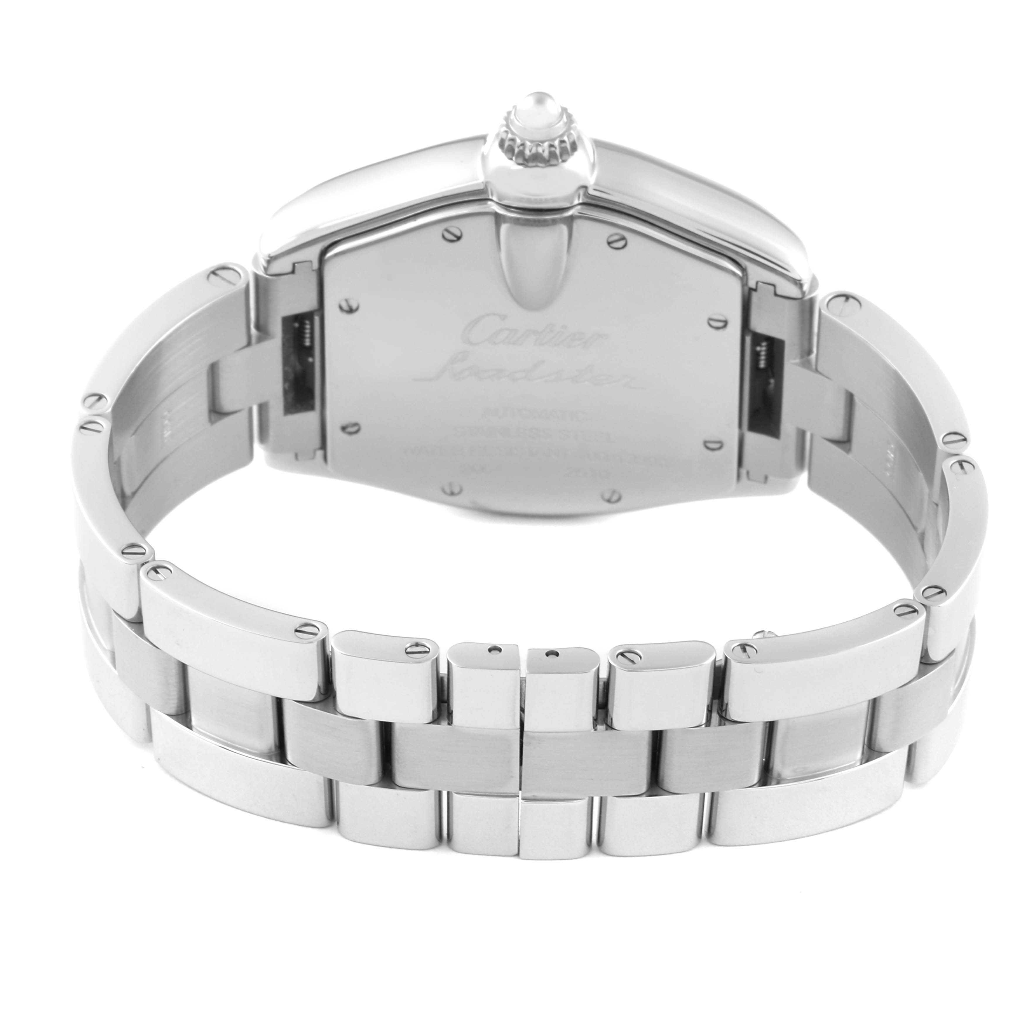 The Cartier Roadster W62002V3 Men's Stainless Steel Black Dial W62002V3 Men's Stainless Steel Black Dial watch is shown from the back, highlighting the stainless steel bracelet and case back.