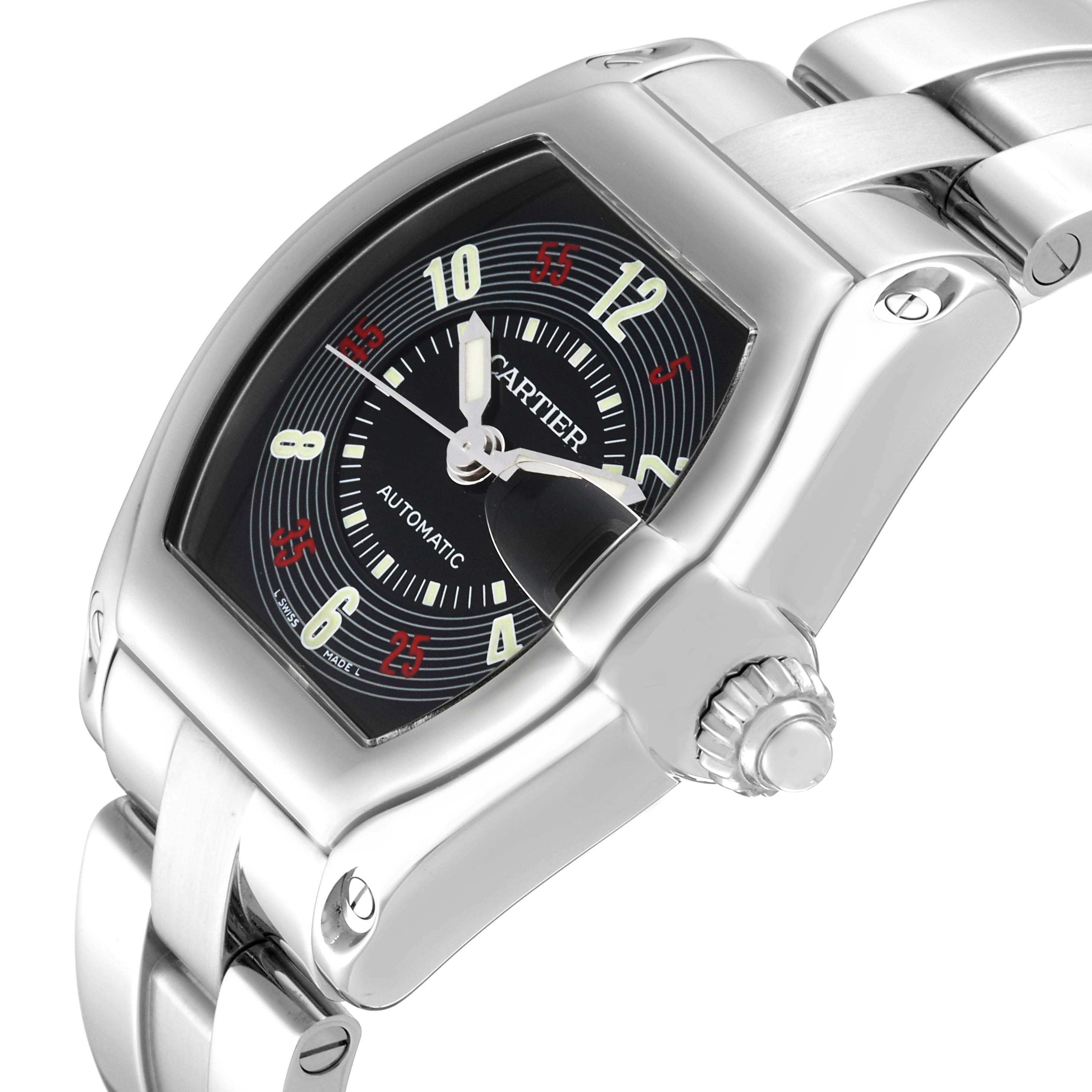 The Cartier Roadster W62002V3 Men's Stainless Steel Black Dial W62002V3 Men's Stainless Steel Black Dial watch is shown at a slight side angle, highlighting the dial, case, crown, and part of the bracelet.