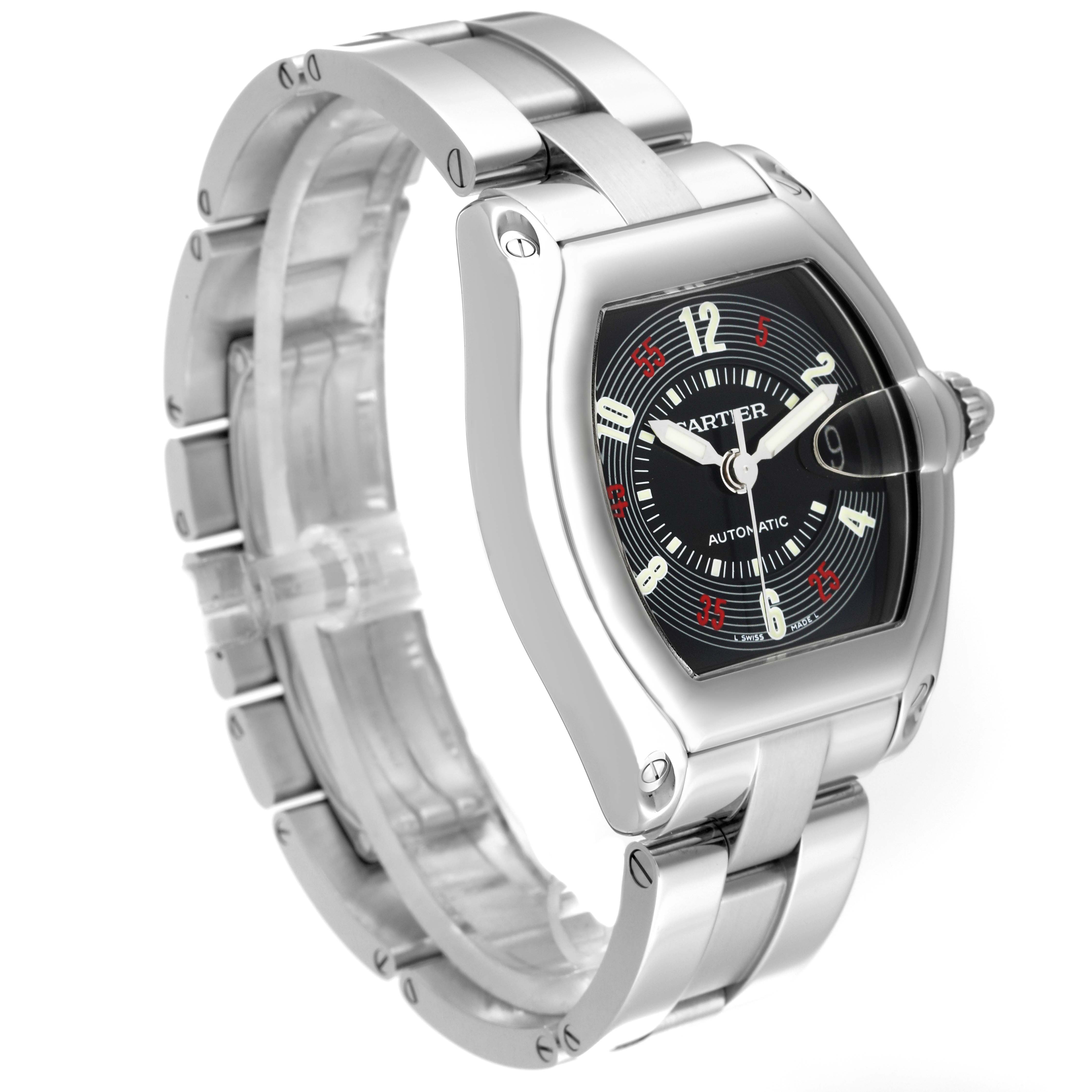 The Cartier Roadster W62002V3 Men's Stainless Steel Black Dial W62002V3 Men's Stainless Steel Black Dial watch is shown at a three-quarter angle, displaying its case, dial, bracelet, and crown.