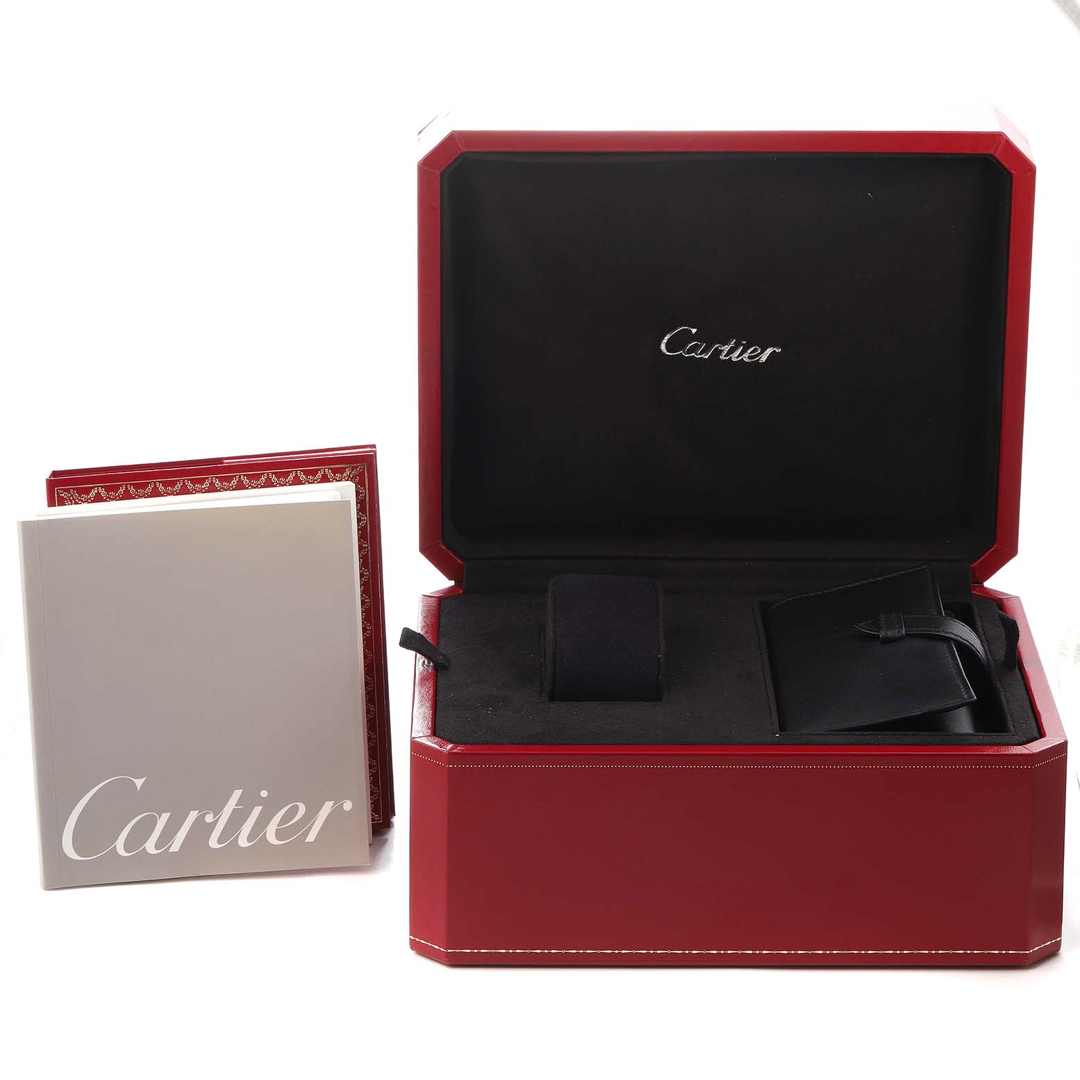 The image shows the packaging and accessories for a Cartier Roadster model W62002V3 men's watch, including the watch box, booklets, and a pouch.
