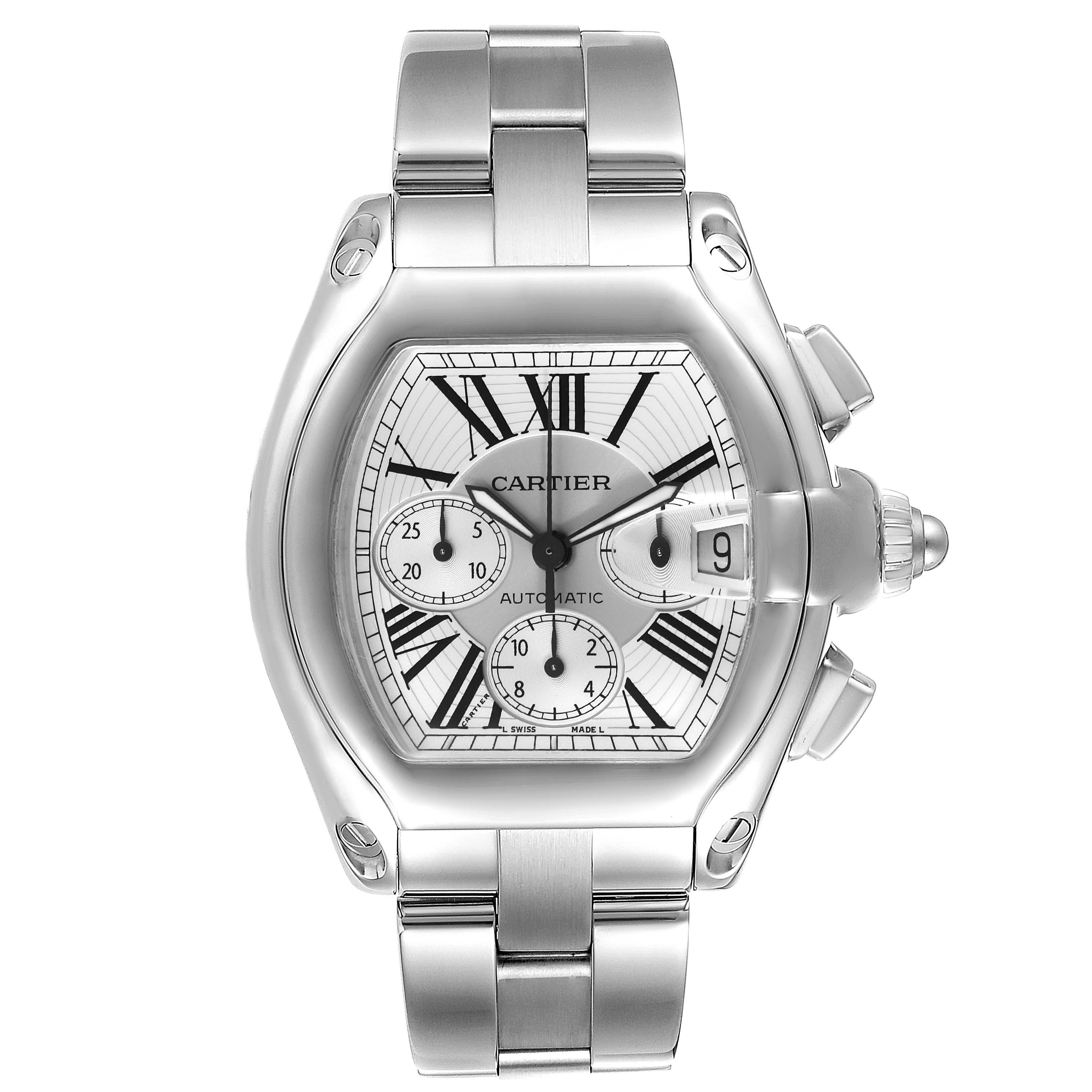 This image shows a front view of the Cartier Roadster W62019X6 Men's Stainless Steel Silver Dial W62019X6 Men's Stainless Steel Silver Dial watch, highlighting its dial, case, bracelet, and crown.