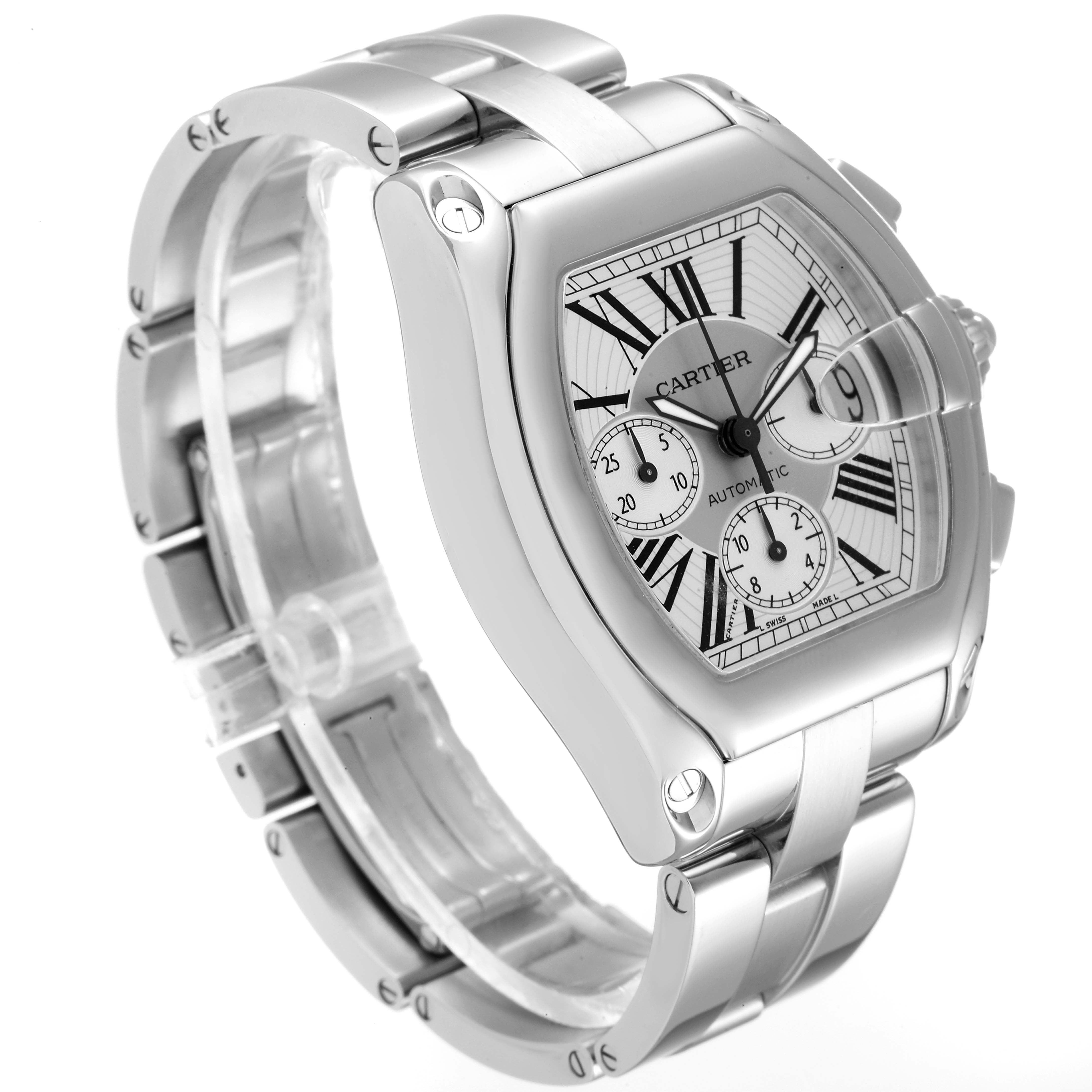The image shows a Cartier Roadster W62019X6 Men's Stainless Steel Silver Dial W62019X6 Men's Stainless Steel Silver Dial watch at a three-quarter angle, highlighting its face, dial, and stainless steel bracelet.