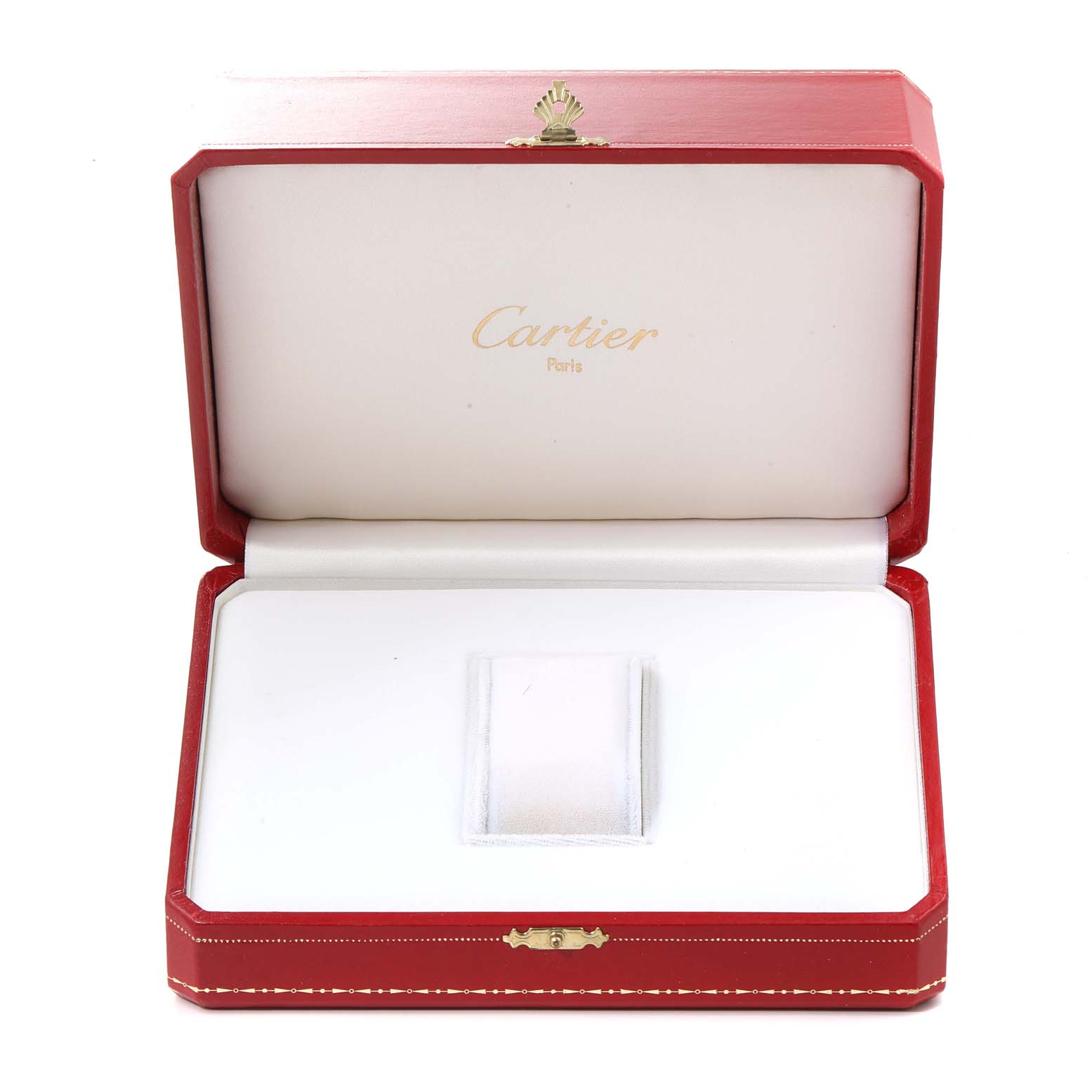 This image shows an open Cartier Roadster W62019X6 Men's Stainless Steel Silver Dial W62019X6 Men's Stainless Steel Silver Dial watch box with the Cartier logo and red exterior.