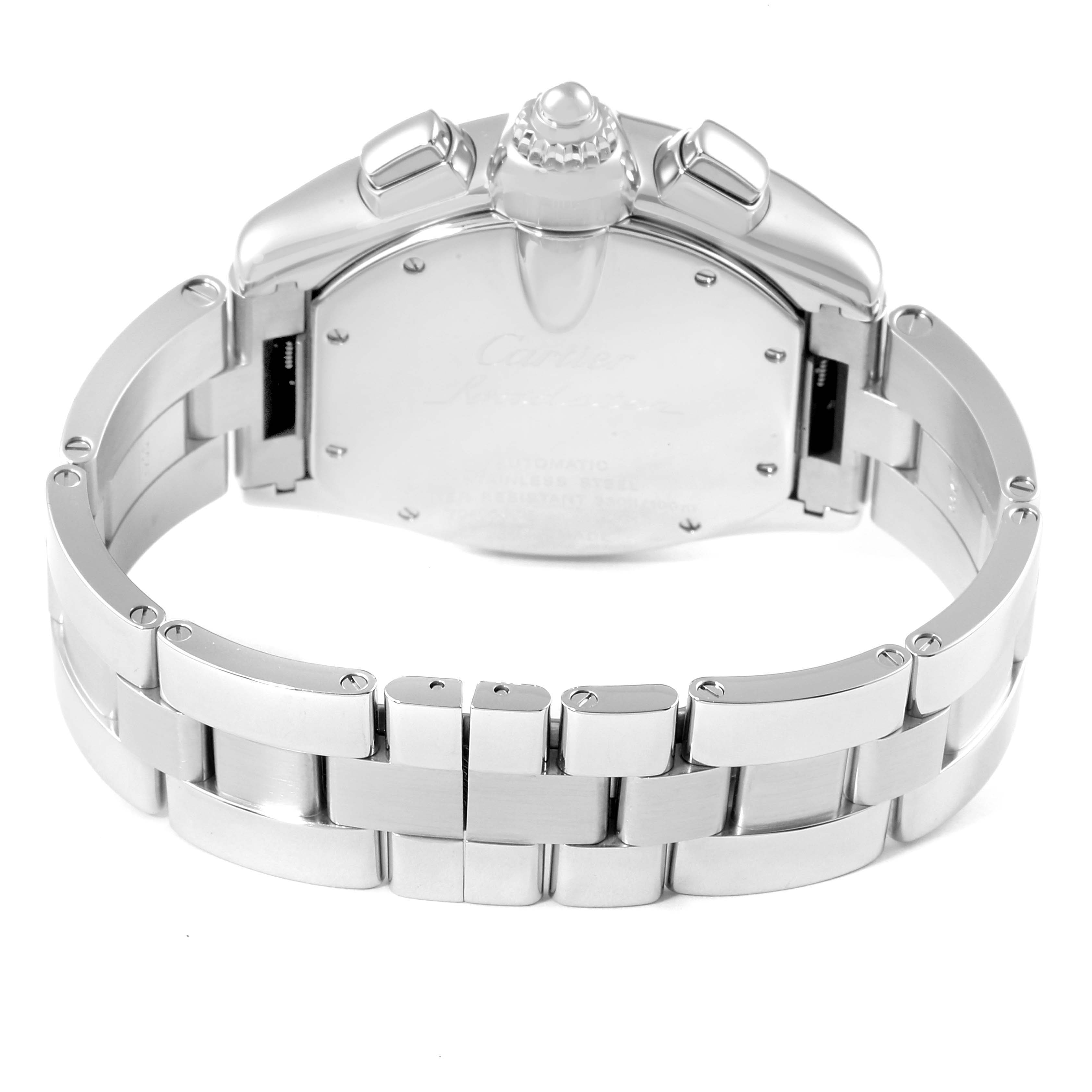 The image shows the back and bracelet of the Cartier Roadster W62019X6 Men's Stainless Steel Silver Dial W62019X6 Men's Stainless Steel Silver Dial watch.