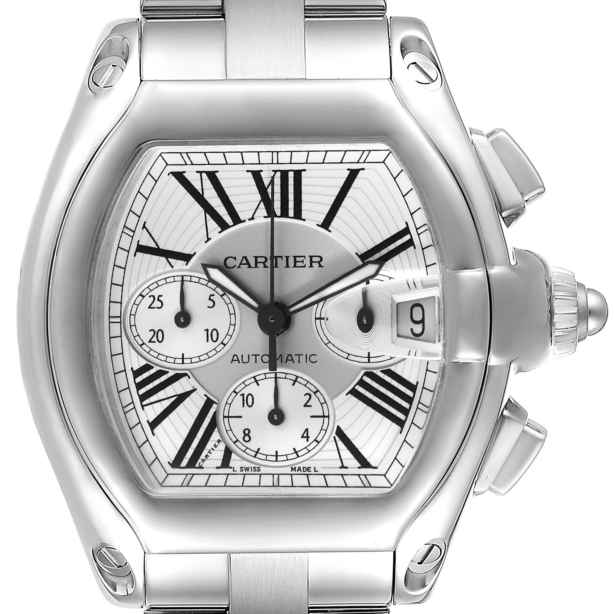 The Cartier Roadster W62019X6 Men's Stainless Steel Silver Dial W62019X6 Men's Stainless Steel Silver Dial watch is shown from the front, displaying its face, dial, and part of the bracelet.