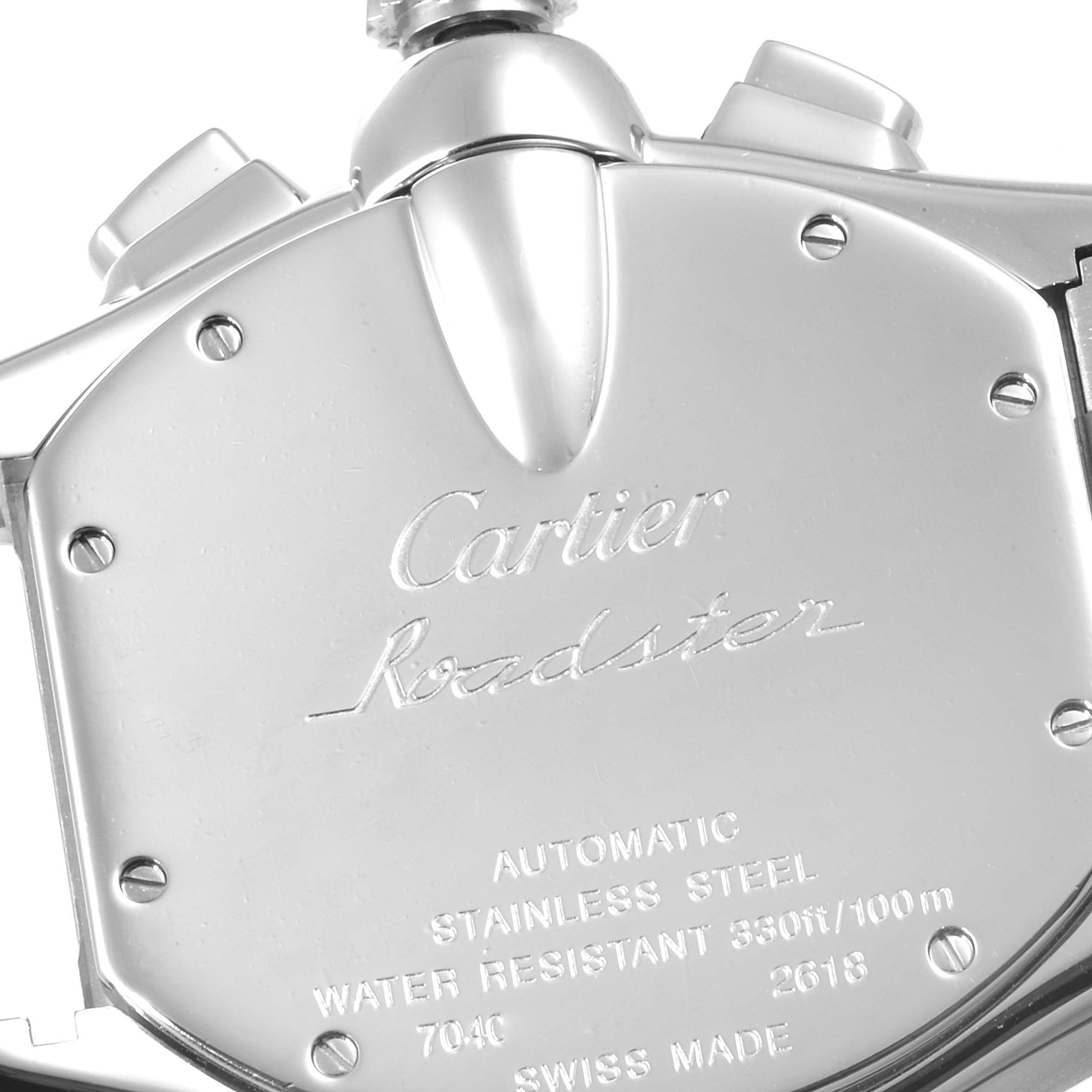 This image shows the case back of a Cartier Roadster W62019X6 Men's Stainless Steel Silver Dial W62019X6 Men's Stainless Steel Silver Dial watch, detailing its specifications and branding.