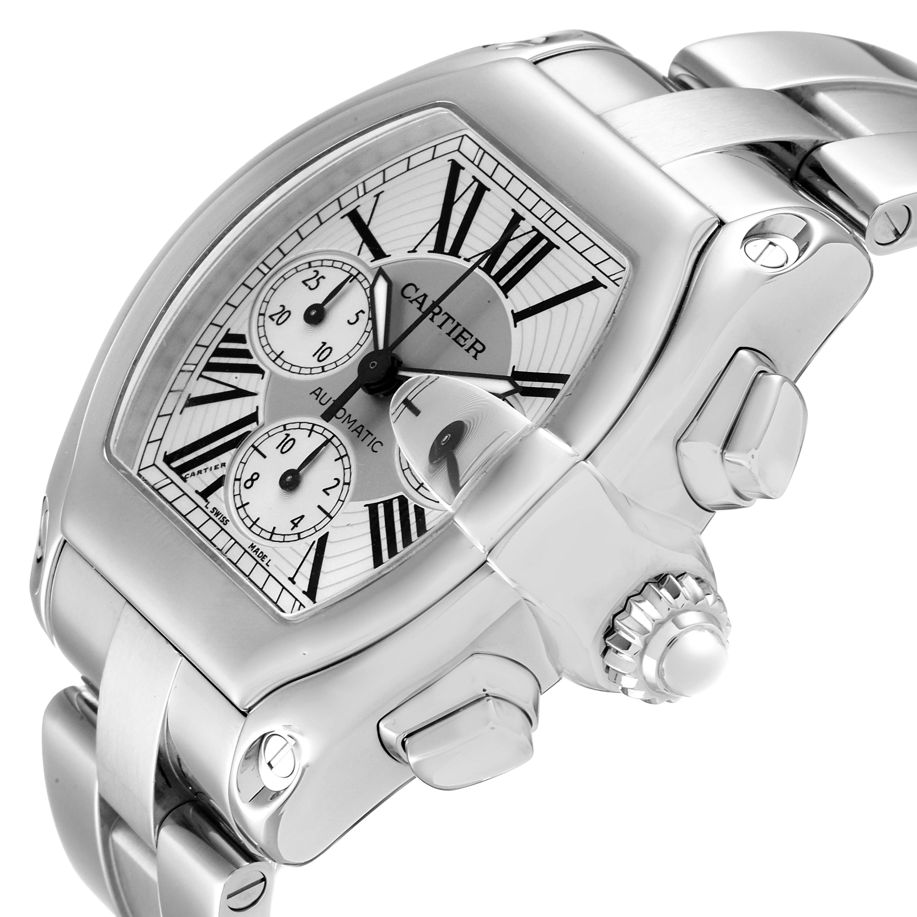 The Cartier Roadster W62019X6 Men's Stainless Steel Silver Dial W62019X6 Men's Stainless Steel Silver Dial watch is shown at an angle revealing the face, crown, chronograph buttons, and part of the bracelet.