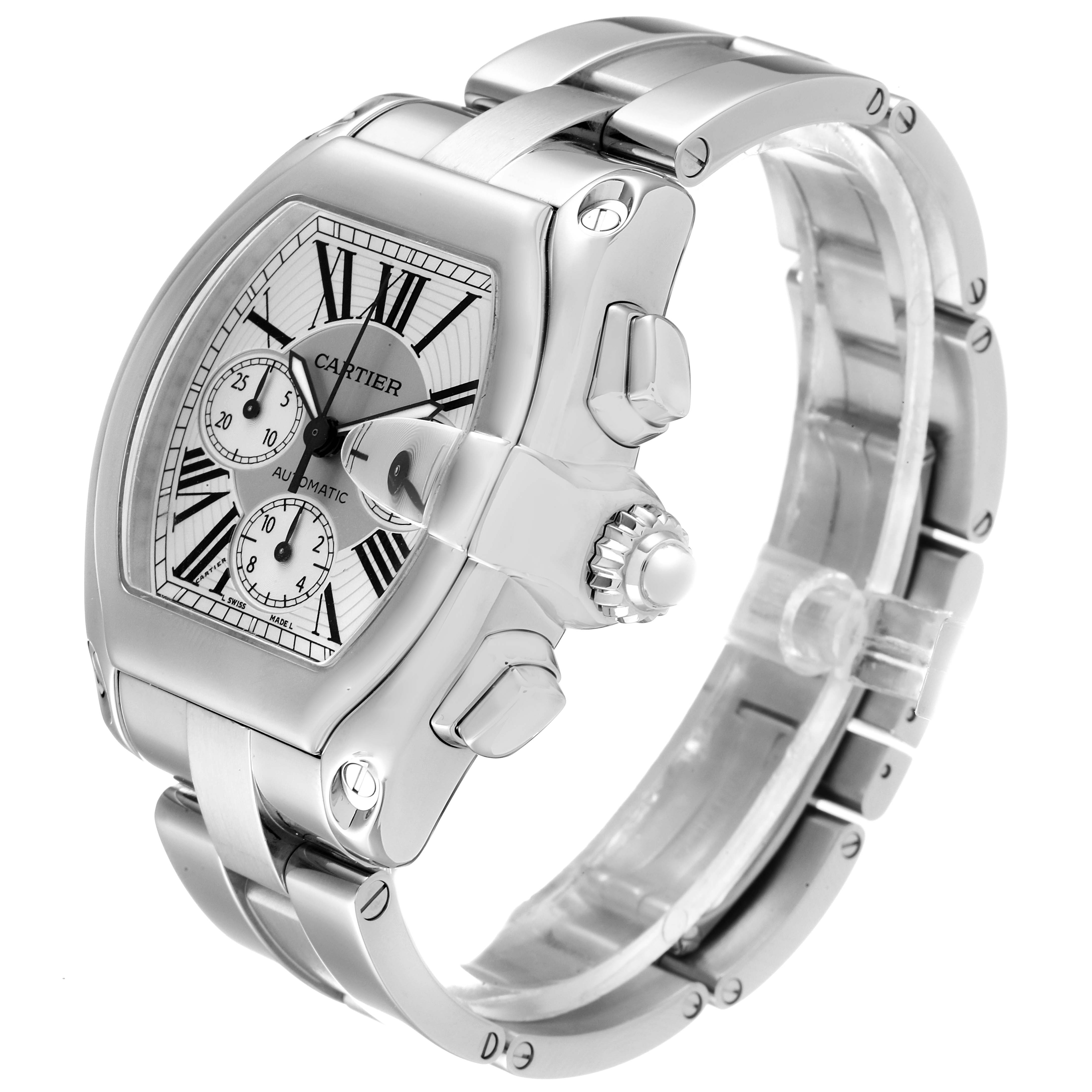 The image shows a Cartier Roadster W62019X6 Men's Stainless Steel Silver Dial W62019X6 Men's Stainless Steel Silver Dial watch at an angle highlighting the face, crown, and metallic strap.