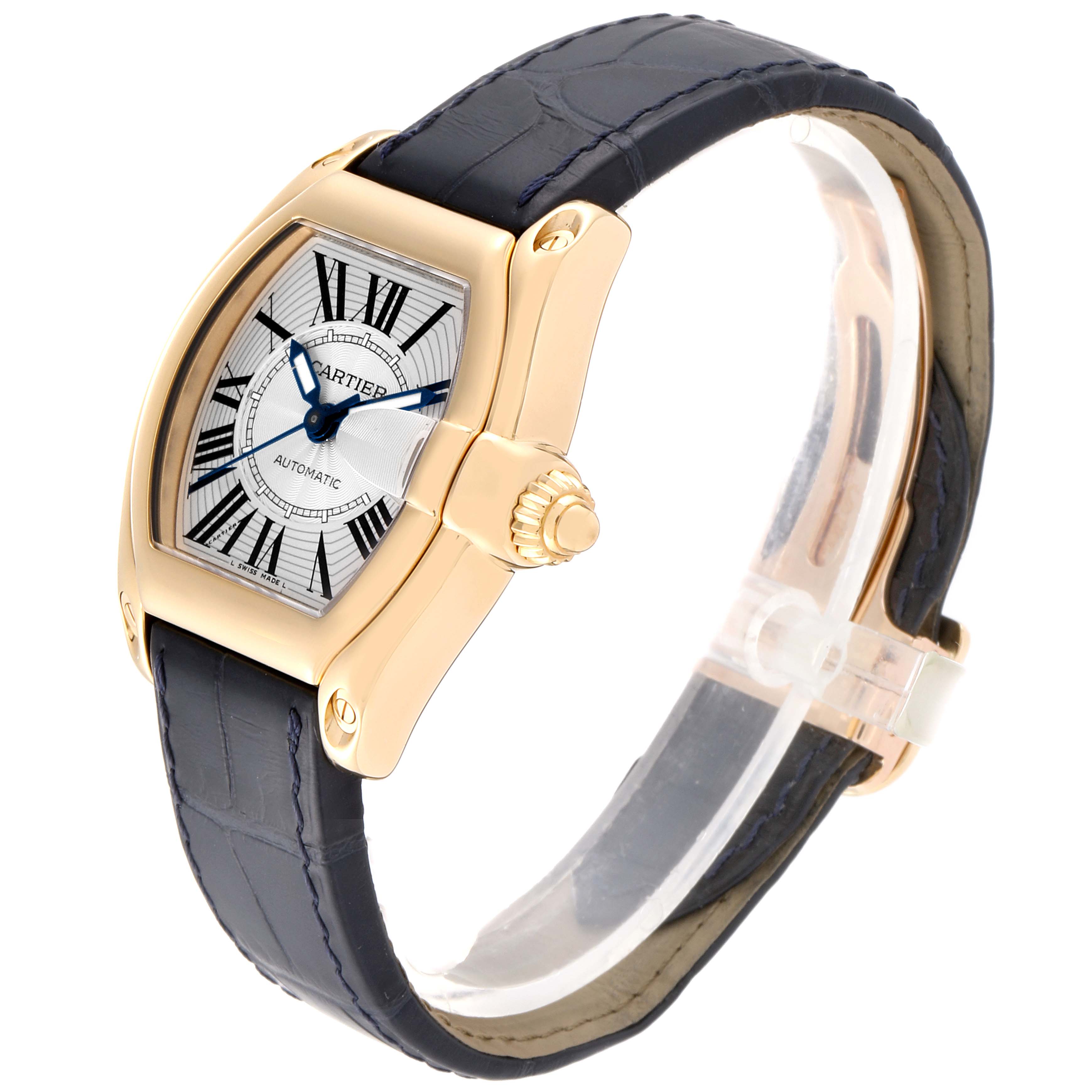 The Cartier Roadster W62005V2 Men's Yellow Gold Silver Dial W62005V2 Men's Yellow Gold Silver Dial watch is shown at a three-quarter angle, featuring its face, crown, and leather strap.