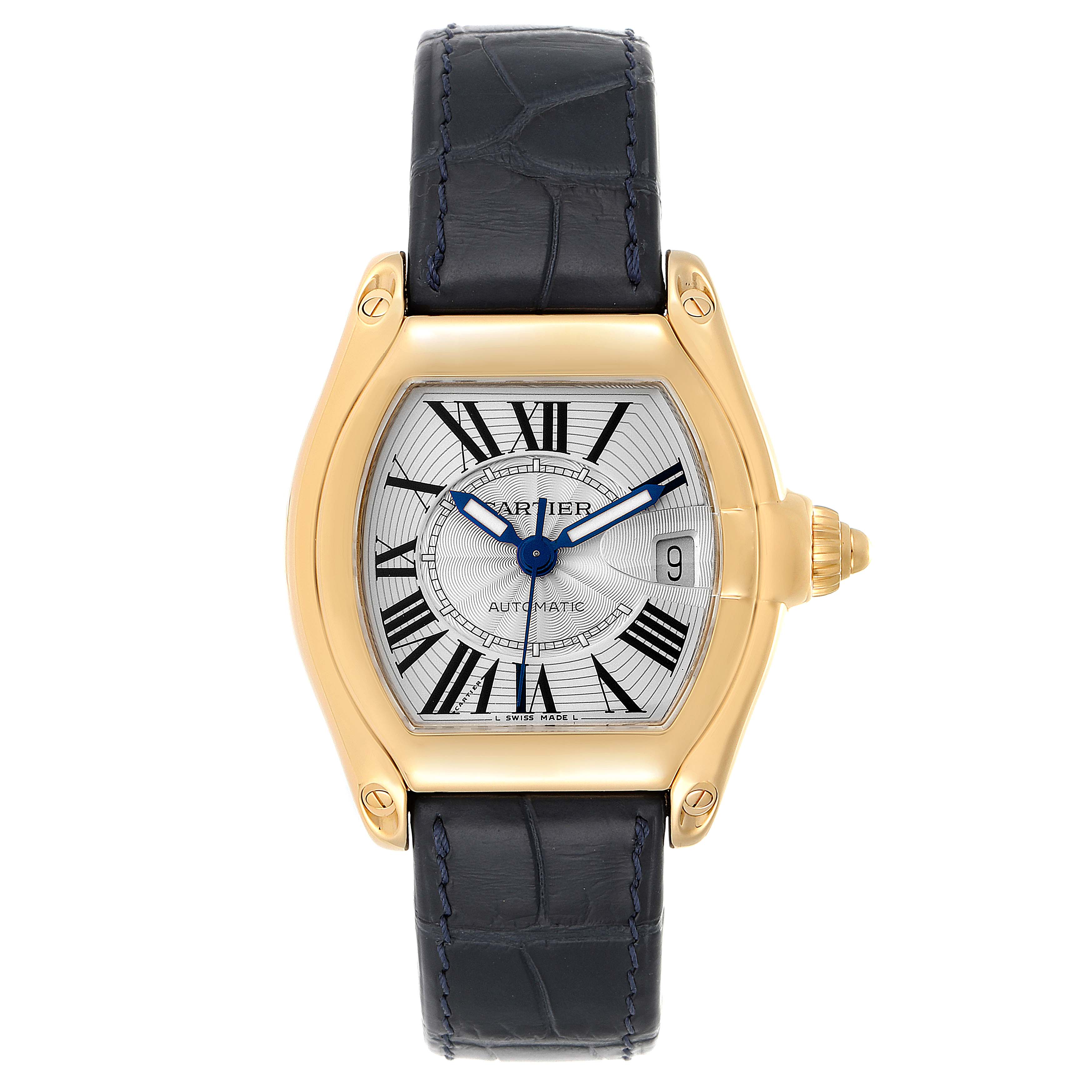 The image shows a Cartier Roadster W62005V2 Men's Yellow Gold Silver Dial W62005V2 Men's Yellow Gold Silver Dial watch from a top-down angle, highlighting its face, gold case, crown, and black leather strap.