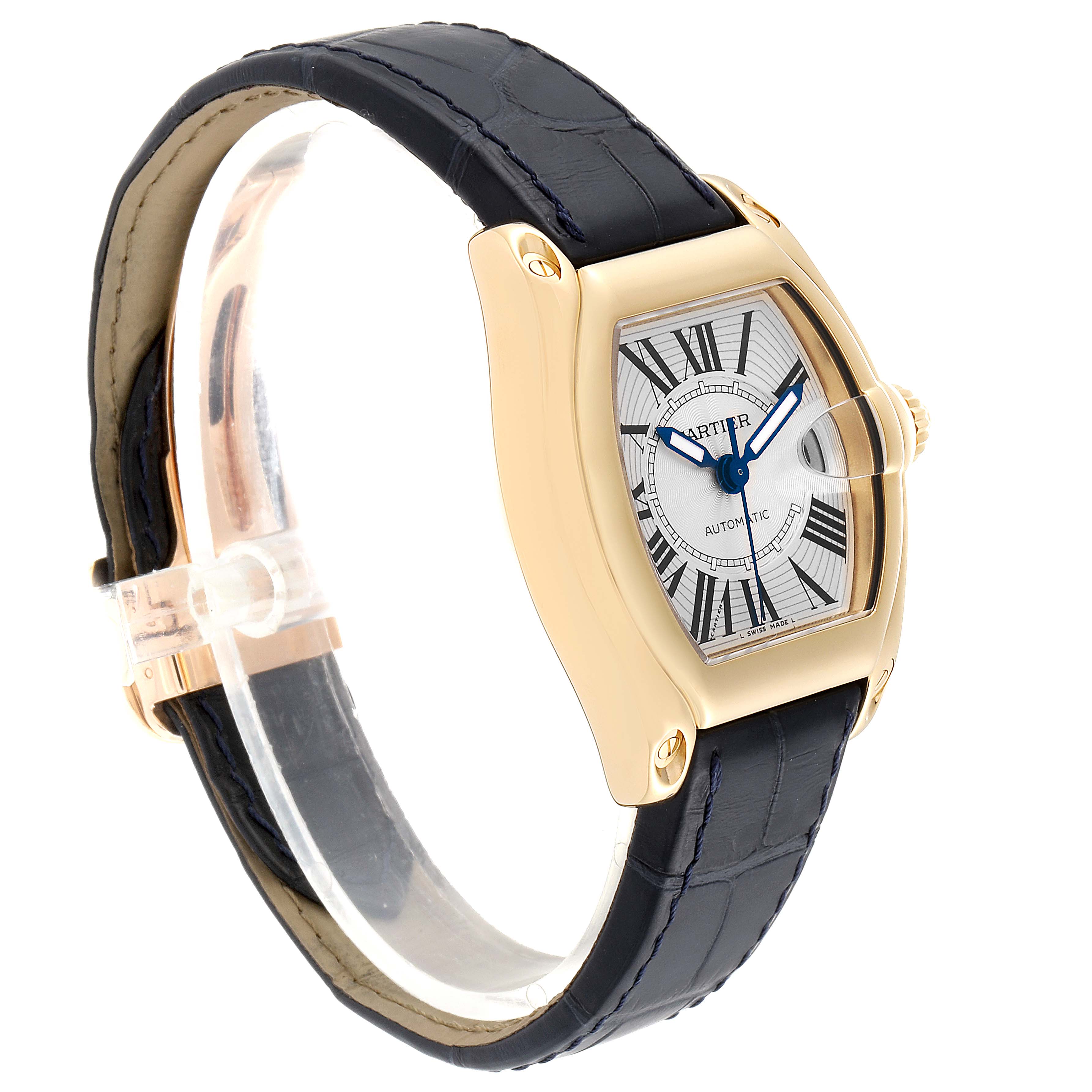 The image shows a Cartier Roadster W62005V2 Men's Yellow Gold Silver Dial W62005V2 Men's Yellow Gold Silver Dial watch at a three-quarter angle, highlighting its gold case, silver dial, and black leather strap.