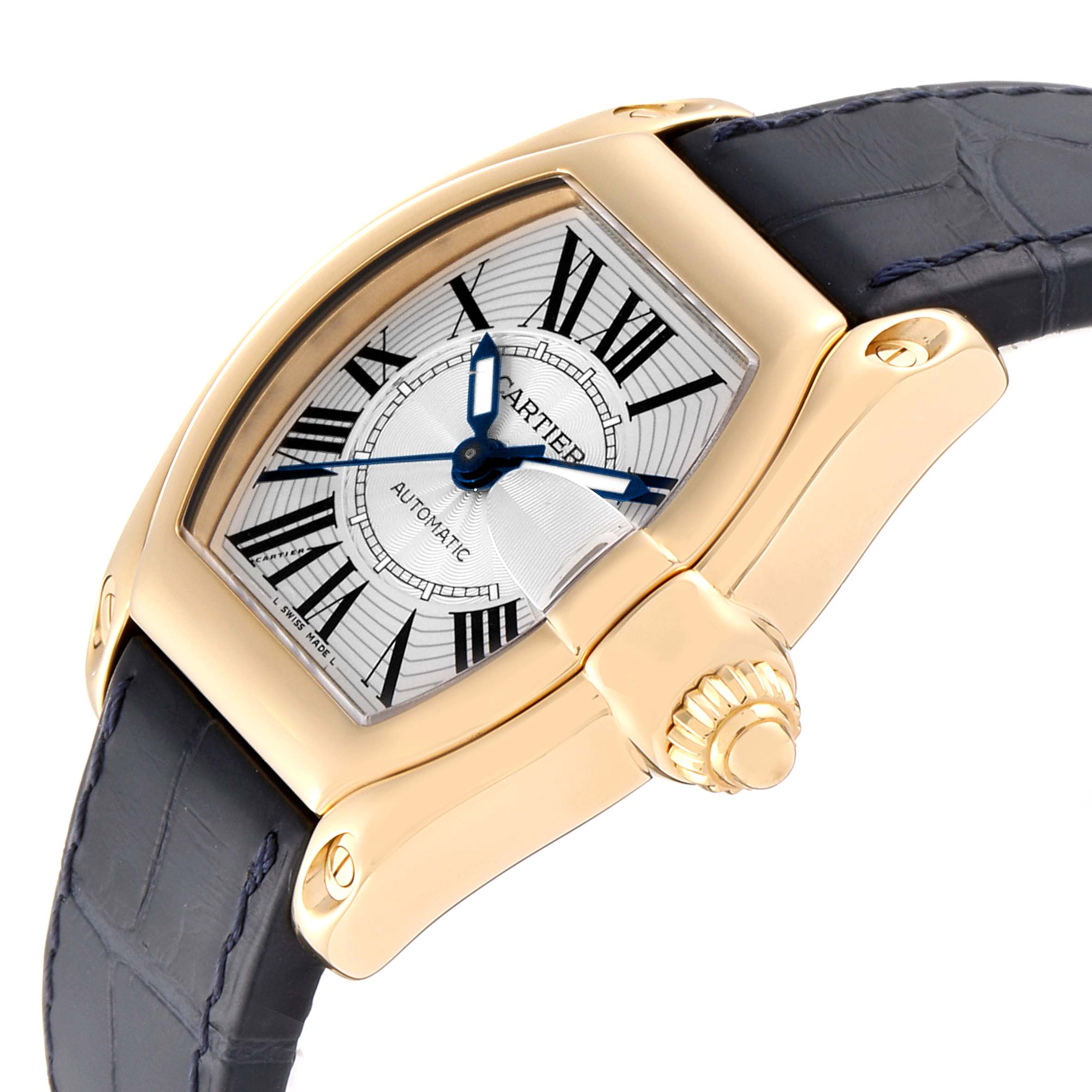 This Cartier Roadster W62005V2 Men's Yellow Gold Silver Dial W62005V2 Men's Yellow Gold Silver Dial watch is shown from a front angle, highlighting the dial, case, crown, and part of the strap.