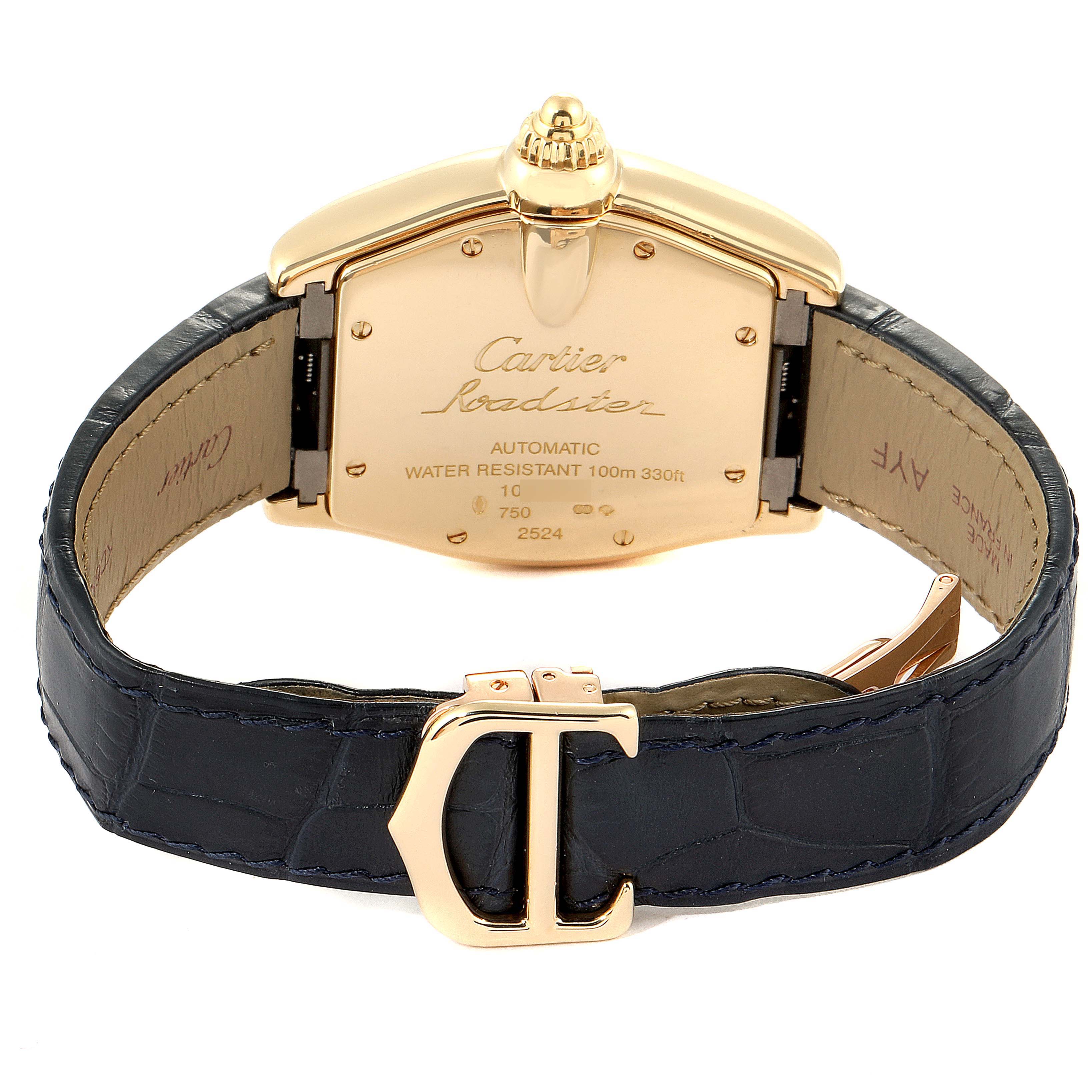 This image shows the back view of the Cartier Roadster W62005V2 Men's Yellow Gold Silver Dial W62005V2 Men's Yellow Gold Silver Dial watch, highlighting the gold case, engravings, leather strap, and clasp.