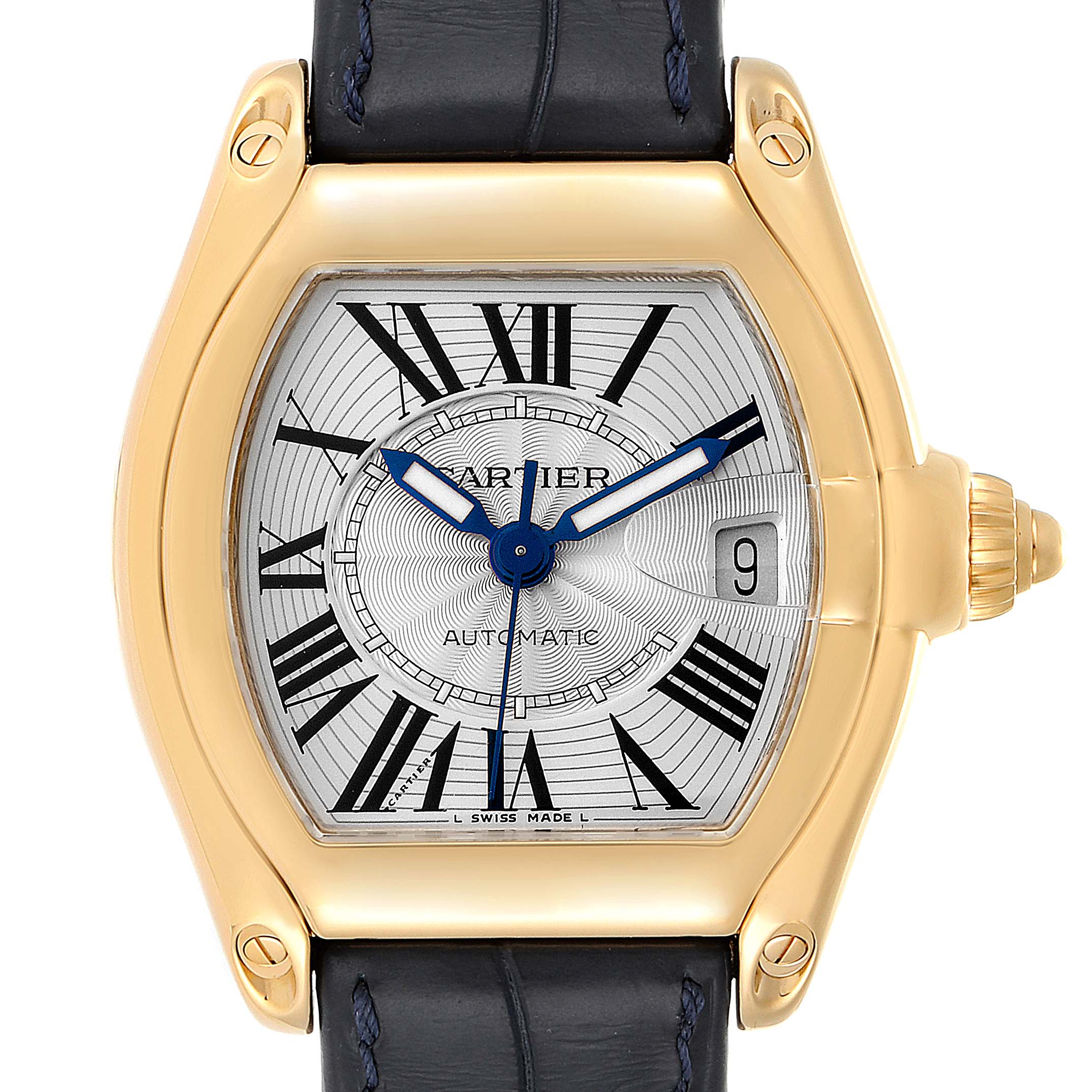 The Cartier Roadster W62005V2 Men's Yellow Gold Silver Dial W62005V2 Men's Yellow Gold Silver Dial watch is shown from a front angle, displaying the dial, hands, date window, and leather strap.