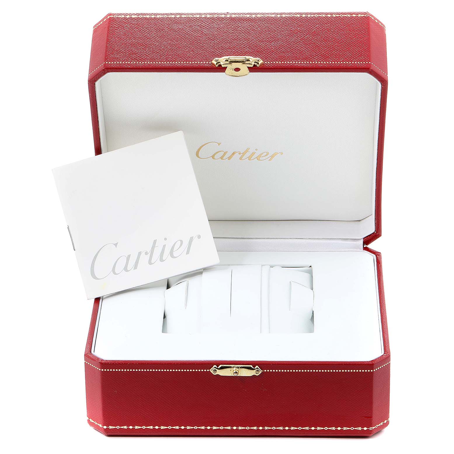 The image shows an open red Cartier box for the Roadster model with a booklet inside.