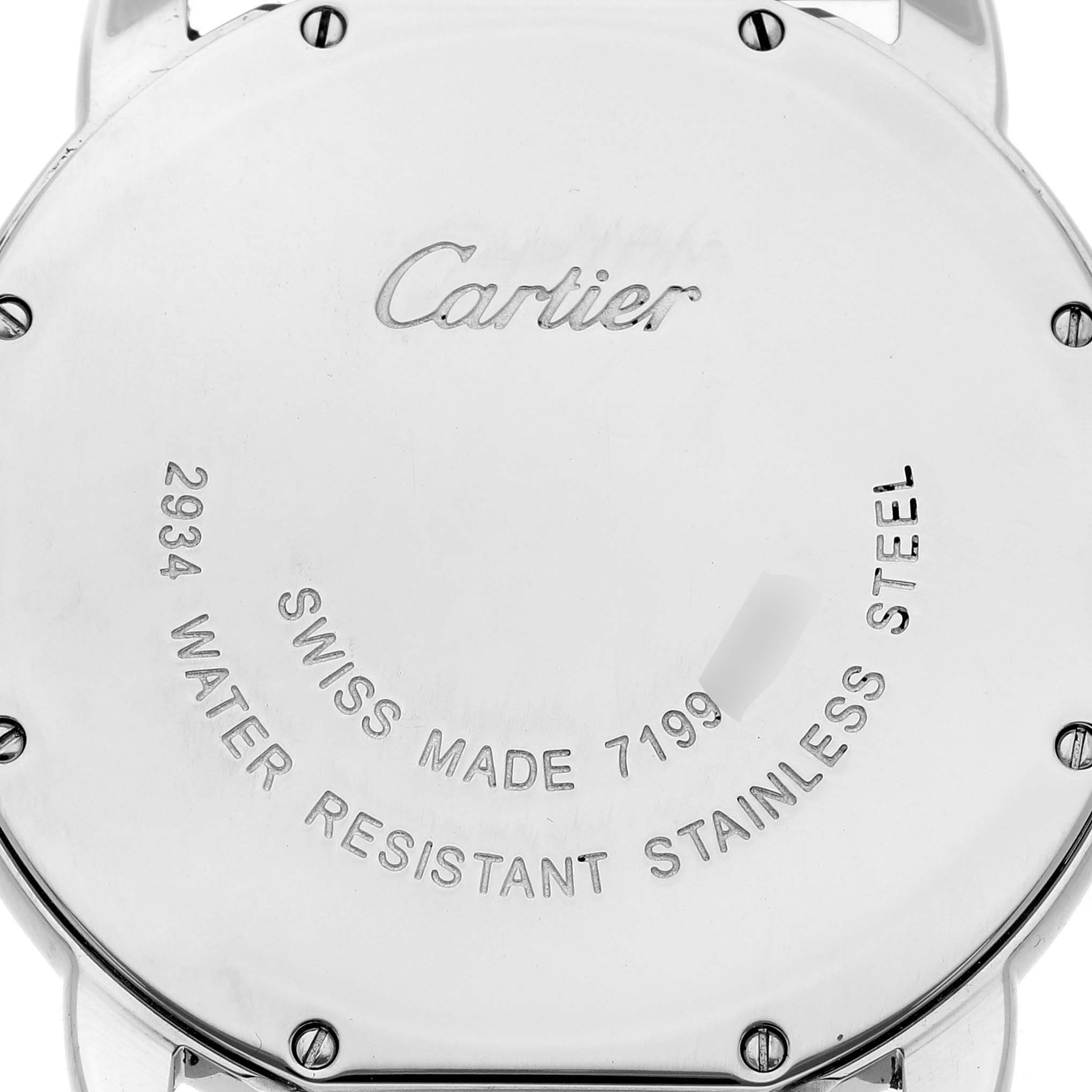 The image shows the back case of the Cartier Ronde W6701005 Men
s Stainless Steel Silver Dial W6701005 Men
s Stainless Steel Silver Dial watch, highlighting its stainless steel and water-resistant features.