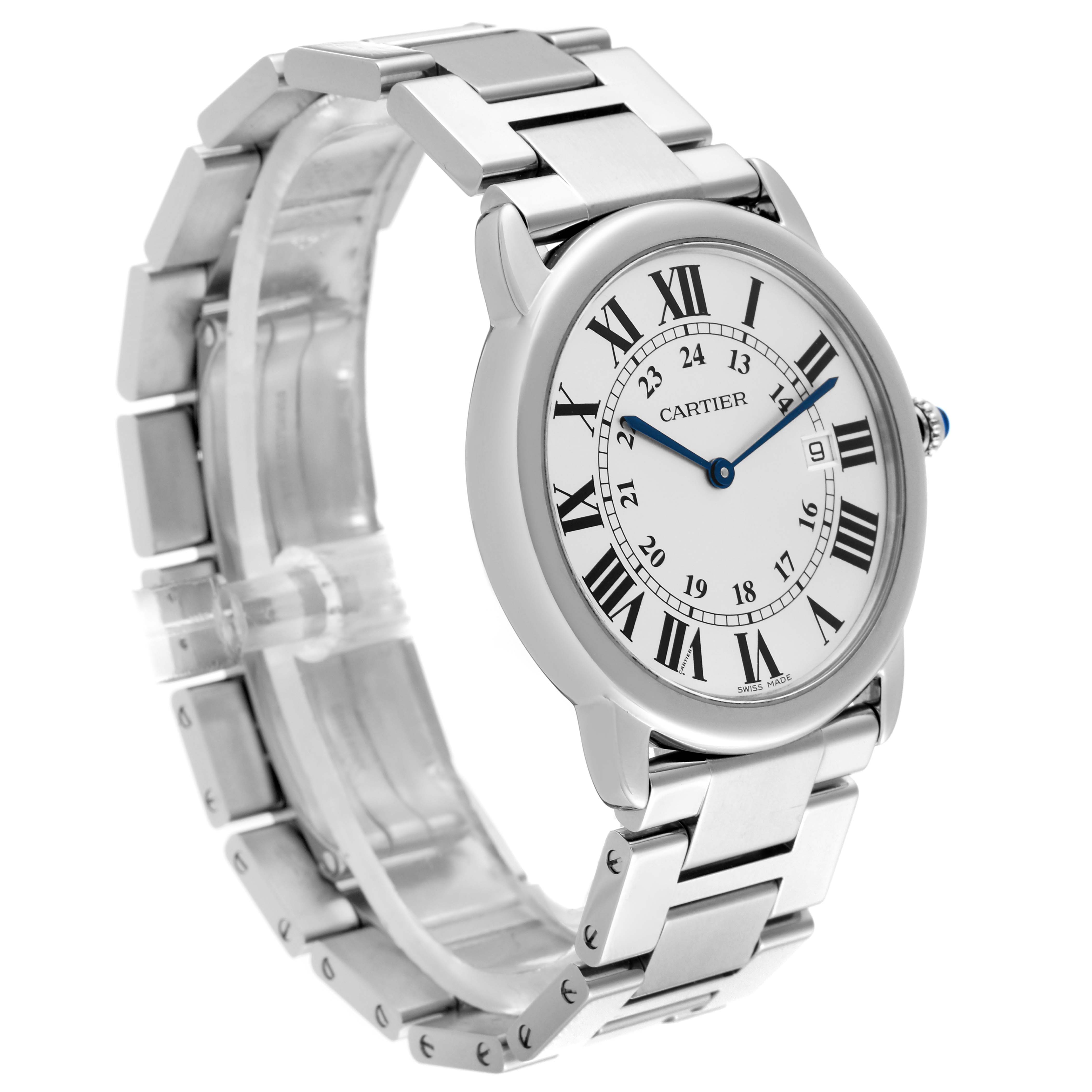 The Cartier Ronde W6701005 Men
s Stainless Steel Silver Dial W6701005 Men
s Stainless Steel Silver Dial watch is shown at a three-quarter angle, highlighting its face, bracelet, and crown.