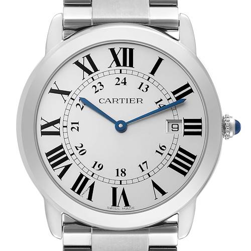 The Cartier Ronde watch is shown from a front angle, displaying its dial, case, crown, and bracelet links.