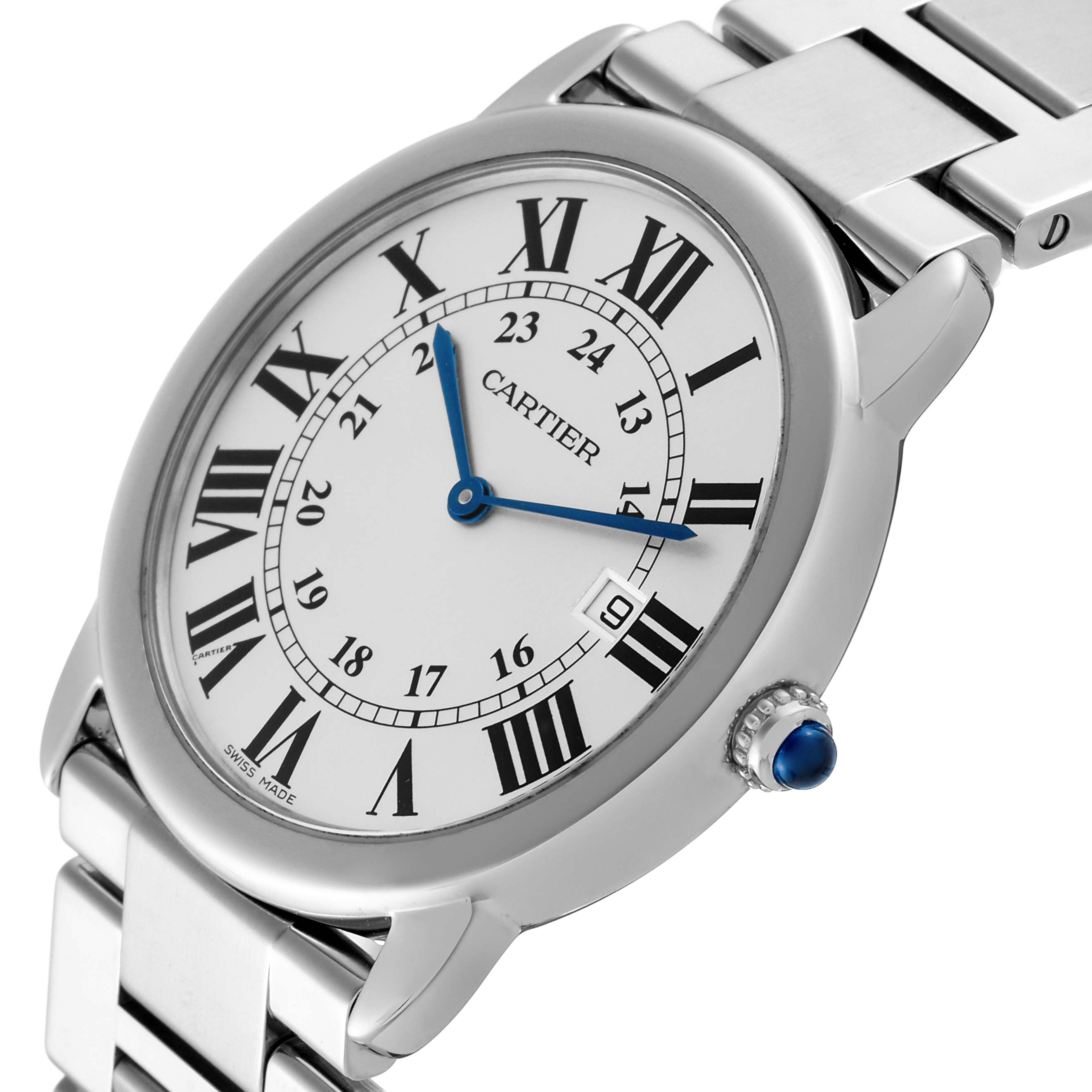 The Cartier Ronde W6701005 Men
s Stainless Steel Silver Dial W6701005 Men
s Stainless Steel Silver Dial watch is shown at an angled view, highlighting the dial, Roman numerals, blue hands, and metal bracelet.