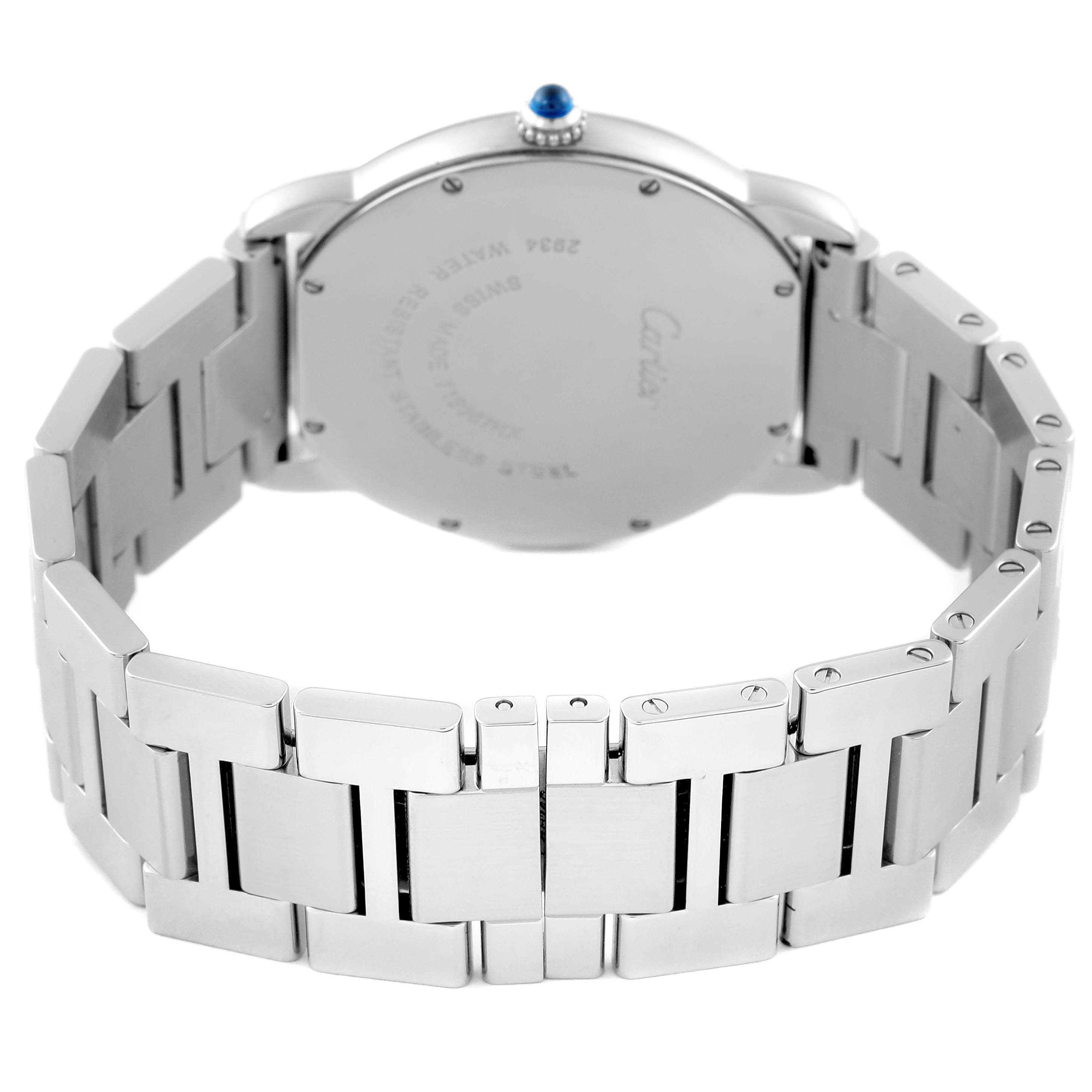 The Cartier Ronde W6701005 Men
s Stainless Steel Silver Dial W6701005 Men
s Stainless Steel Silver Dial watch is shown from the back, highlighting the case and metal bracelet.