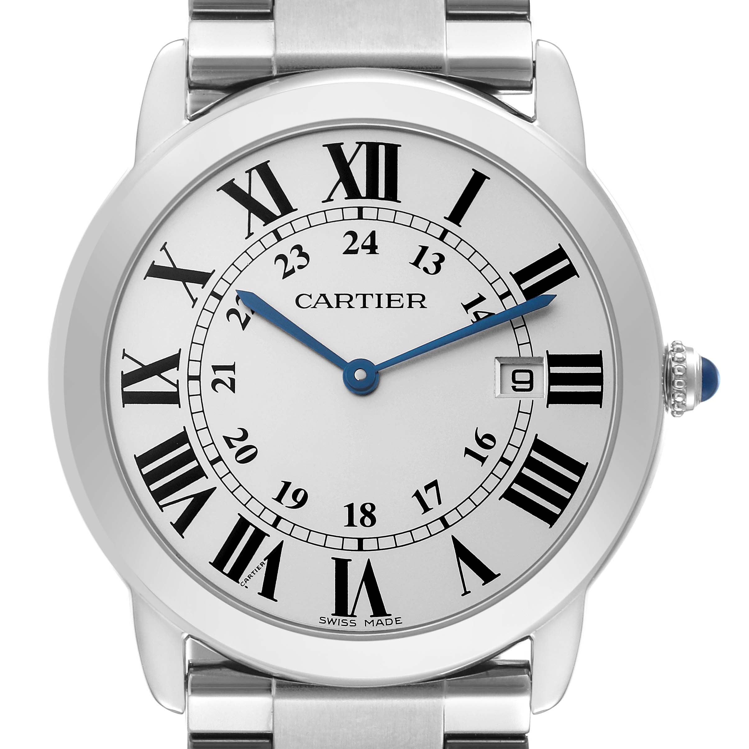 The Cartier Ronde W6701005 Men
s Stainless Steel Silver Dial W6701005 Men
s Stainless Steel Silver Dial watch is shown from the front, displaying the dial, date, and part of the bracelet.