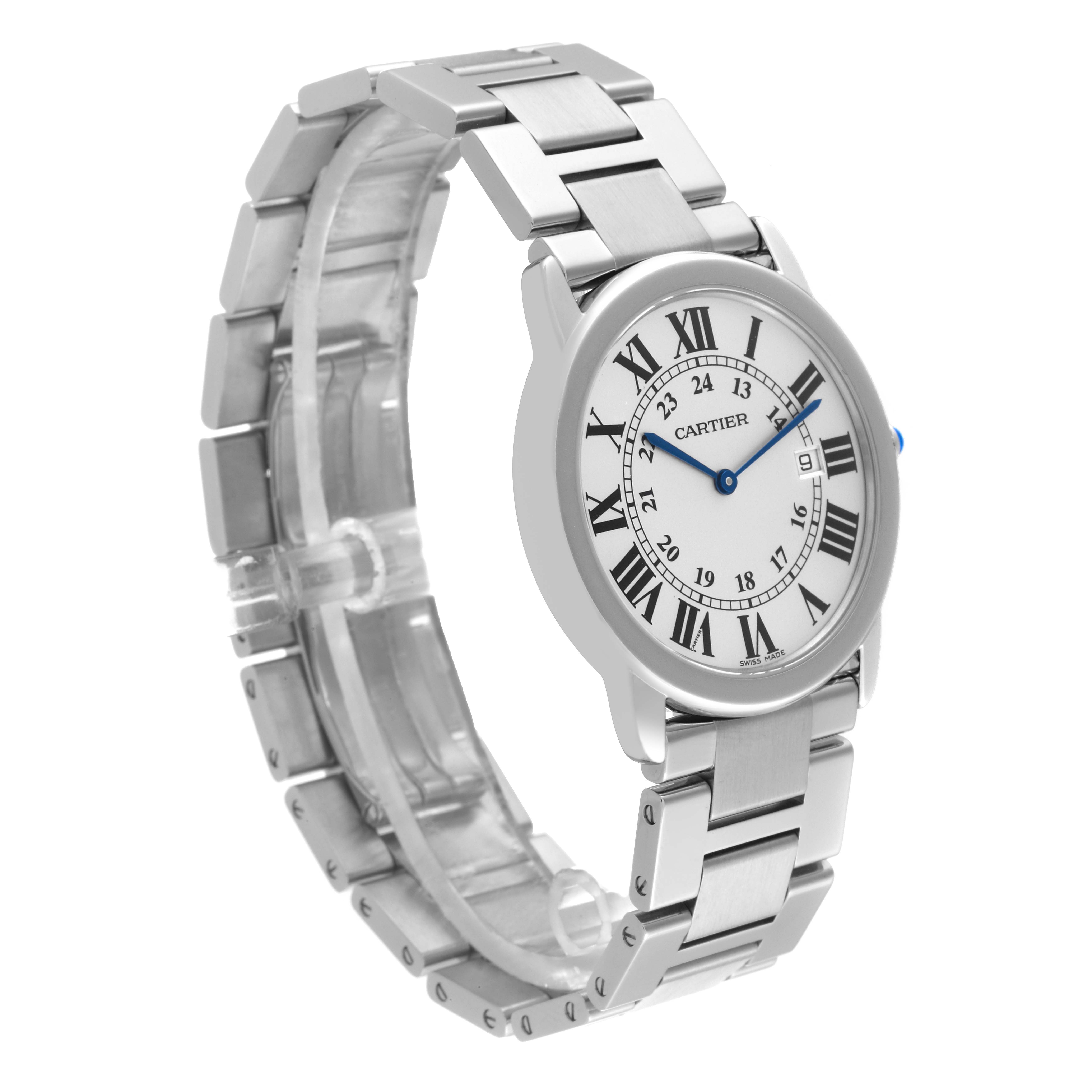 The Cartier Ronde W6701005 Men
s Stainless Steel Silver Dial W6701005 Men
s Stainless Steel Silver Dial watch is shown at a slight angle, displaying the face, bezel, and part of the metal bracelet.