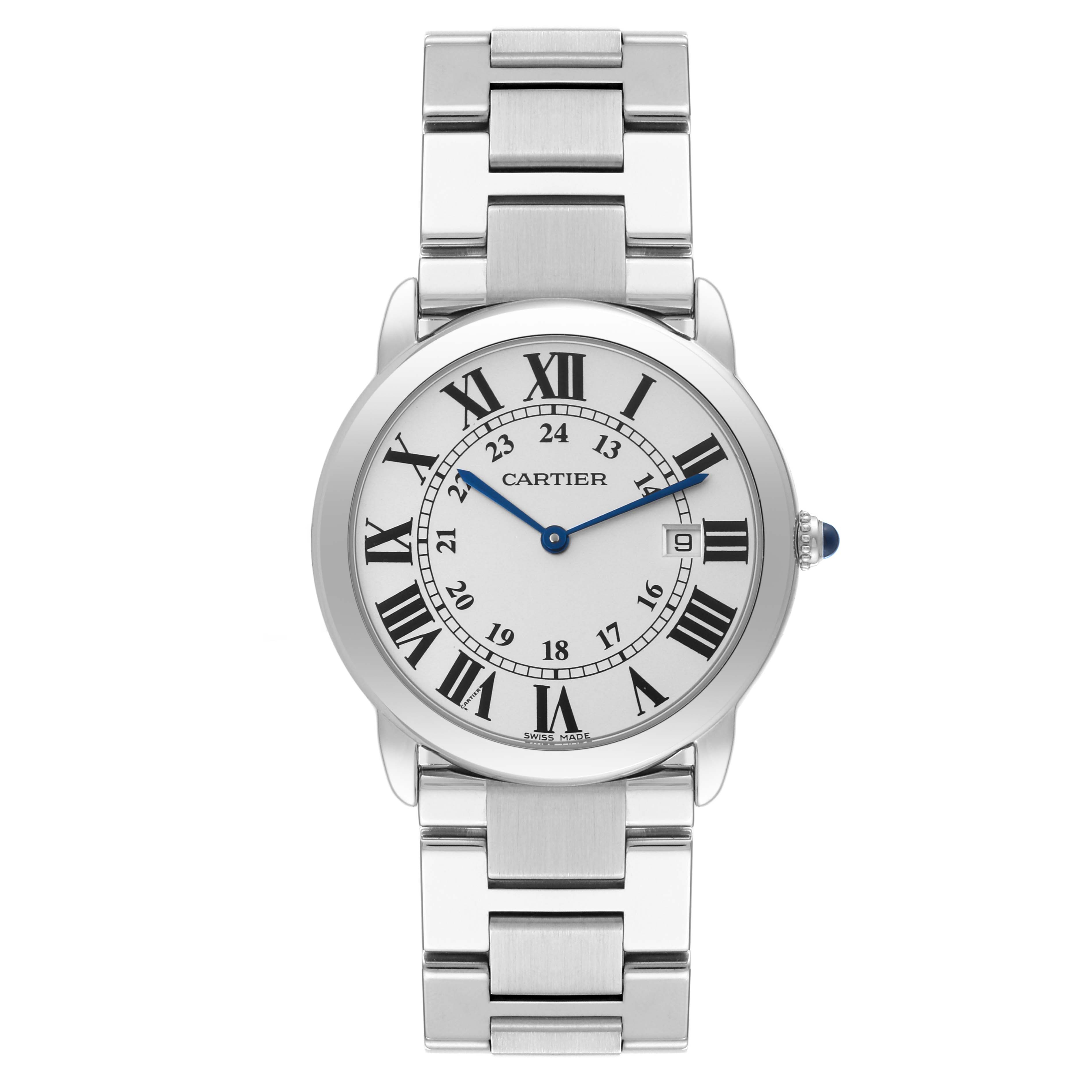 The Cartier Ronde W6701005 Men
s Stainless Steel Silver Dial W6701005 Men
s Stainless Steel Silver Dial watch is shown from the front, displaying the dial, case, bracelet, and crown.