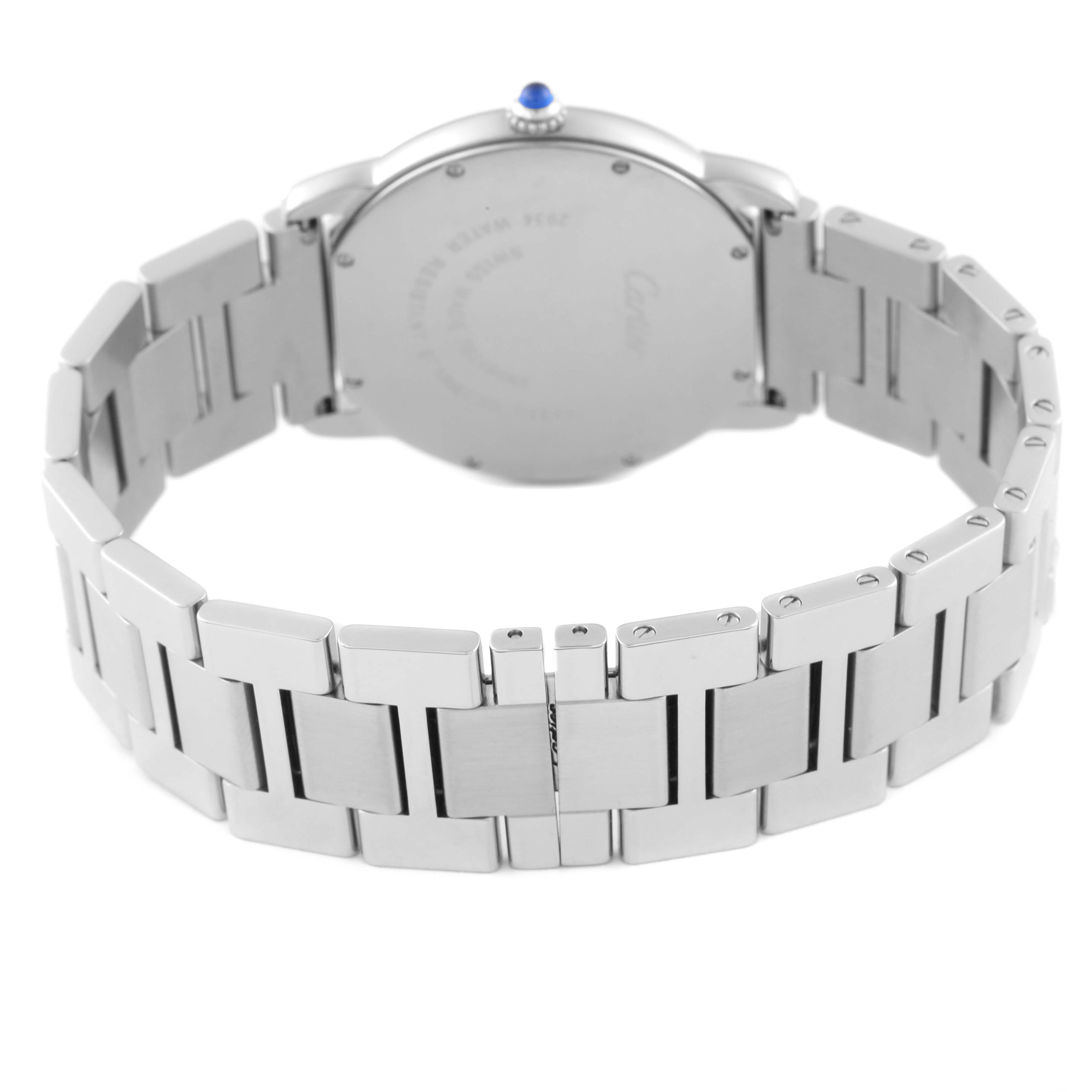 The image shows the back of a Cartier Ronde W6701005 Men
s Stainless Steel Silver Dial W6701005 Men
s Stainless Steel Silver Dial watch, highlighting its stainless steel bracelet and case back.