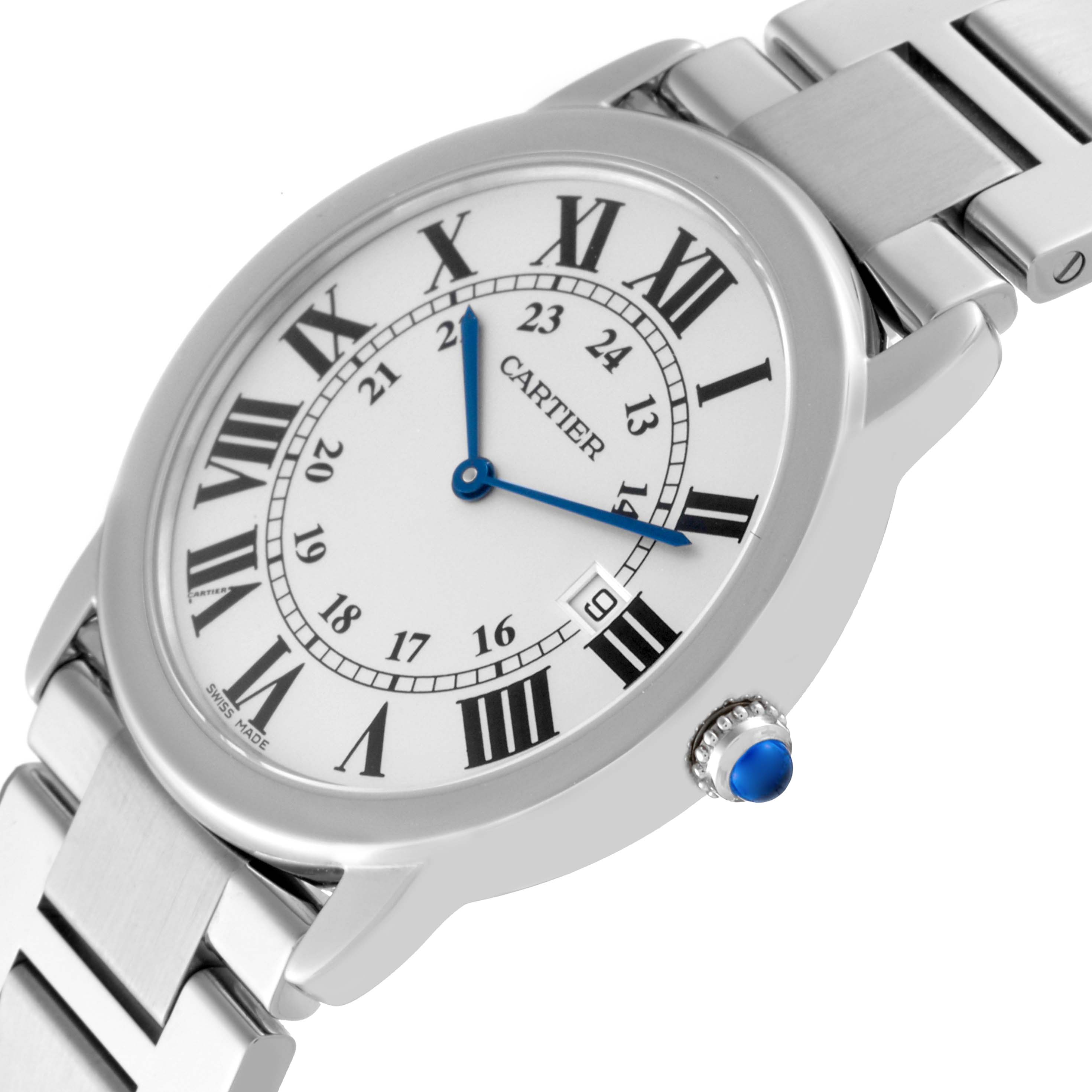 The Cartier Ronde W6701005 Men
s Stainless Steel Silver Dial W6701005 Men
s Stainless Steel Silver Dial watch is shown from a slight side angle, highlighting the face, crown, and bracelet.