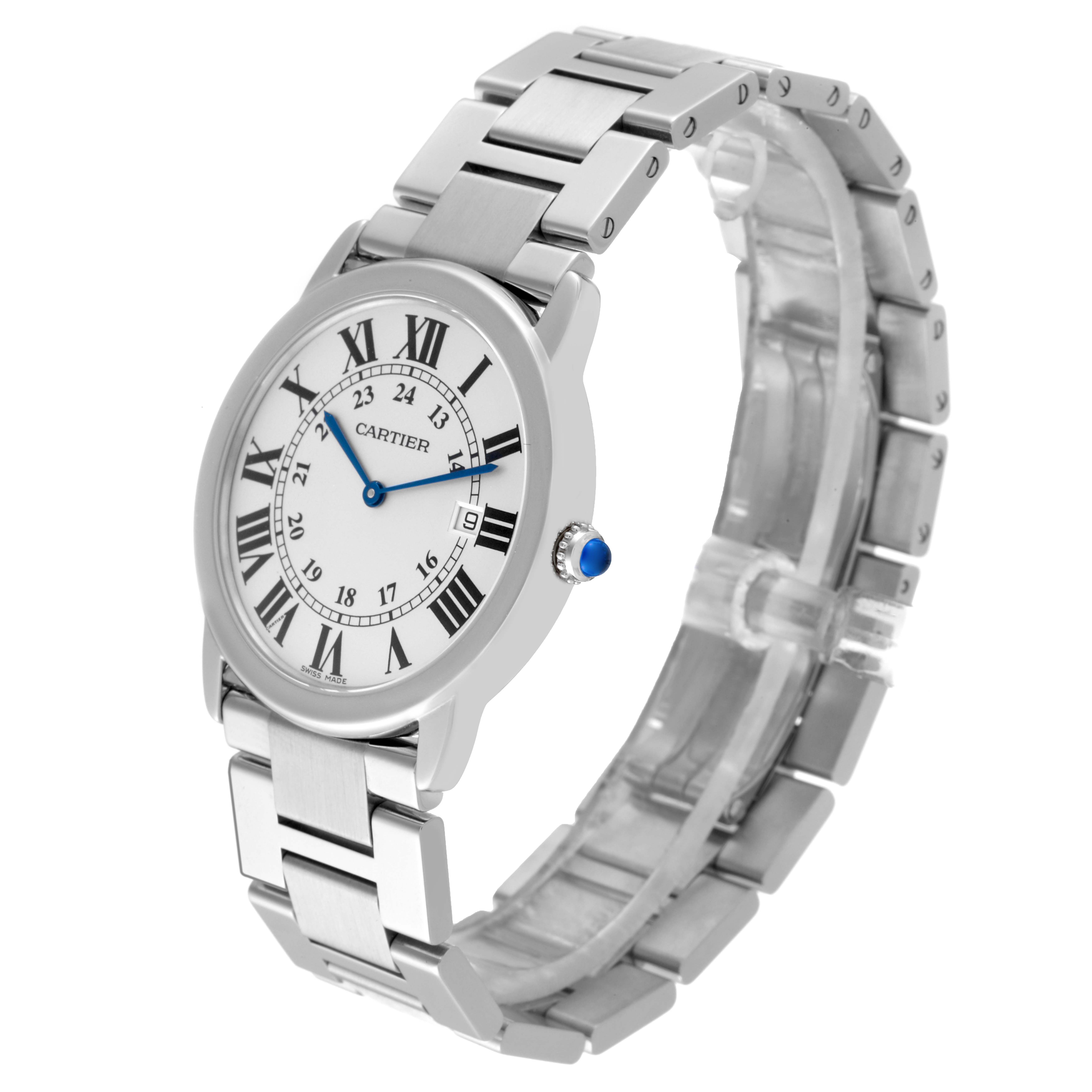 The Cartier Ronde W6701005 Men
s Stainless Steel Silver Dial W6701005 Men
s Stainless Steel Silver Dial watch is shown at a three-quarter angle, displaying the face, bracelet, and crown with blue detail.