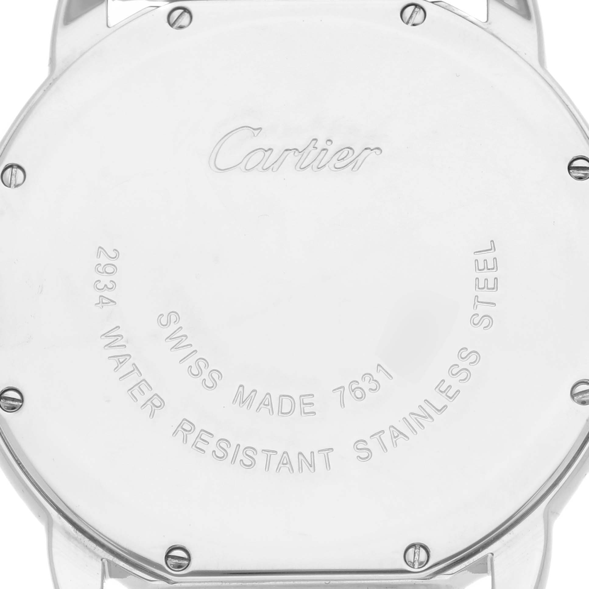 This image shows the back casing of a Cartier Ronde W6701005 Men
s Stainless Steel Silver Dial W6701005 Men
s Stainless Steel Silver Dial watch, featuring branding and model details.