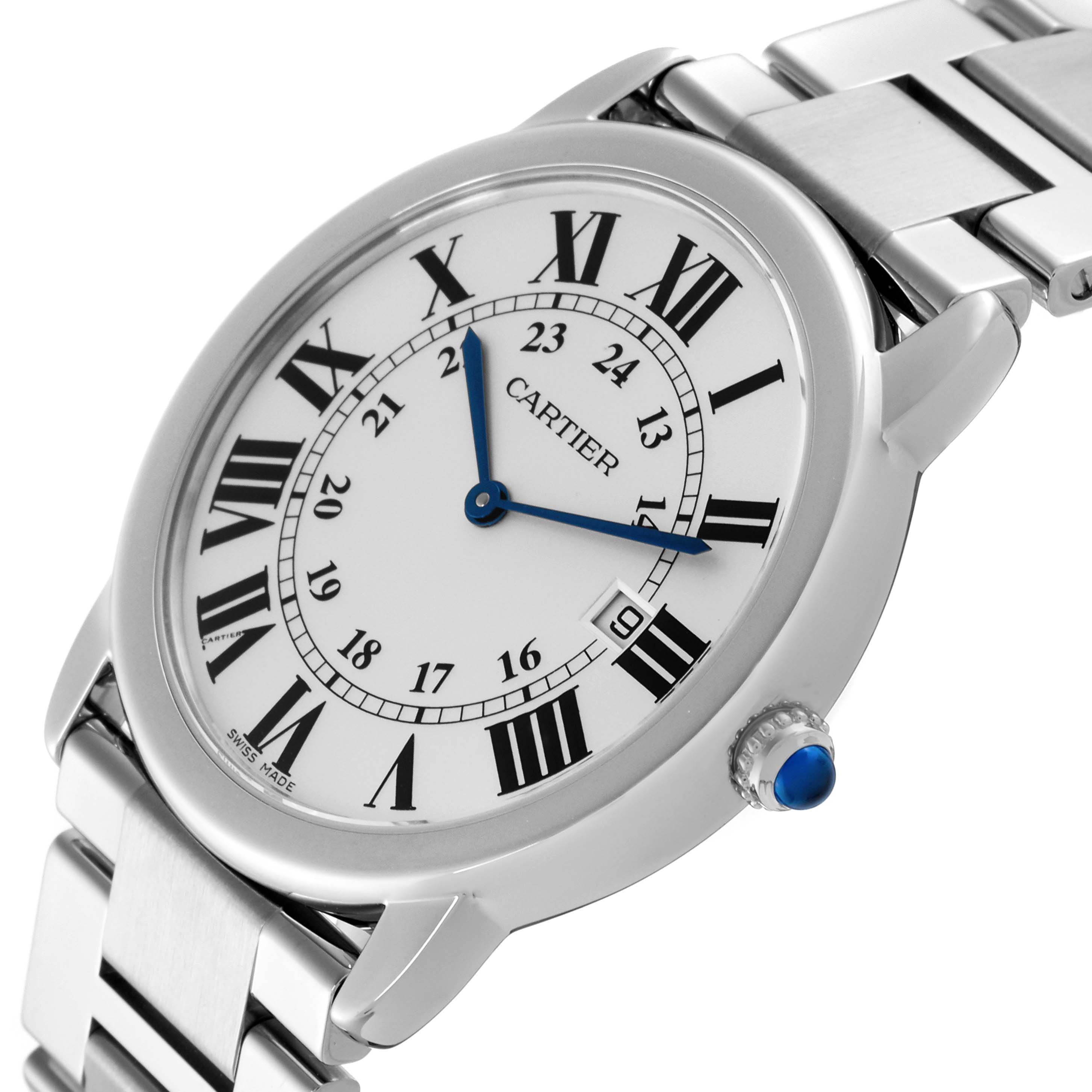 The Cartier Ronde W6701005 Men
s Stainless Steel Silver Dial W6701005 Men
s Stainless Steel Silver Dial watch is shown at an angle displaying the face, Roman numerals, blue hands, and part of the metal bracelet.